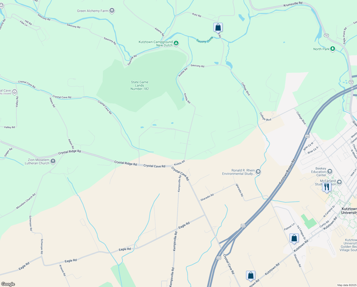 map of restaurants, bars, coffee shops, grocery stores, and more near 111 Knittle Rd in Kutztown