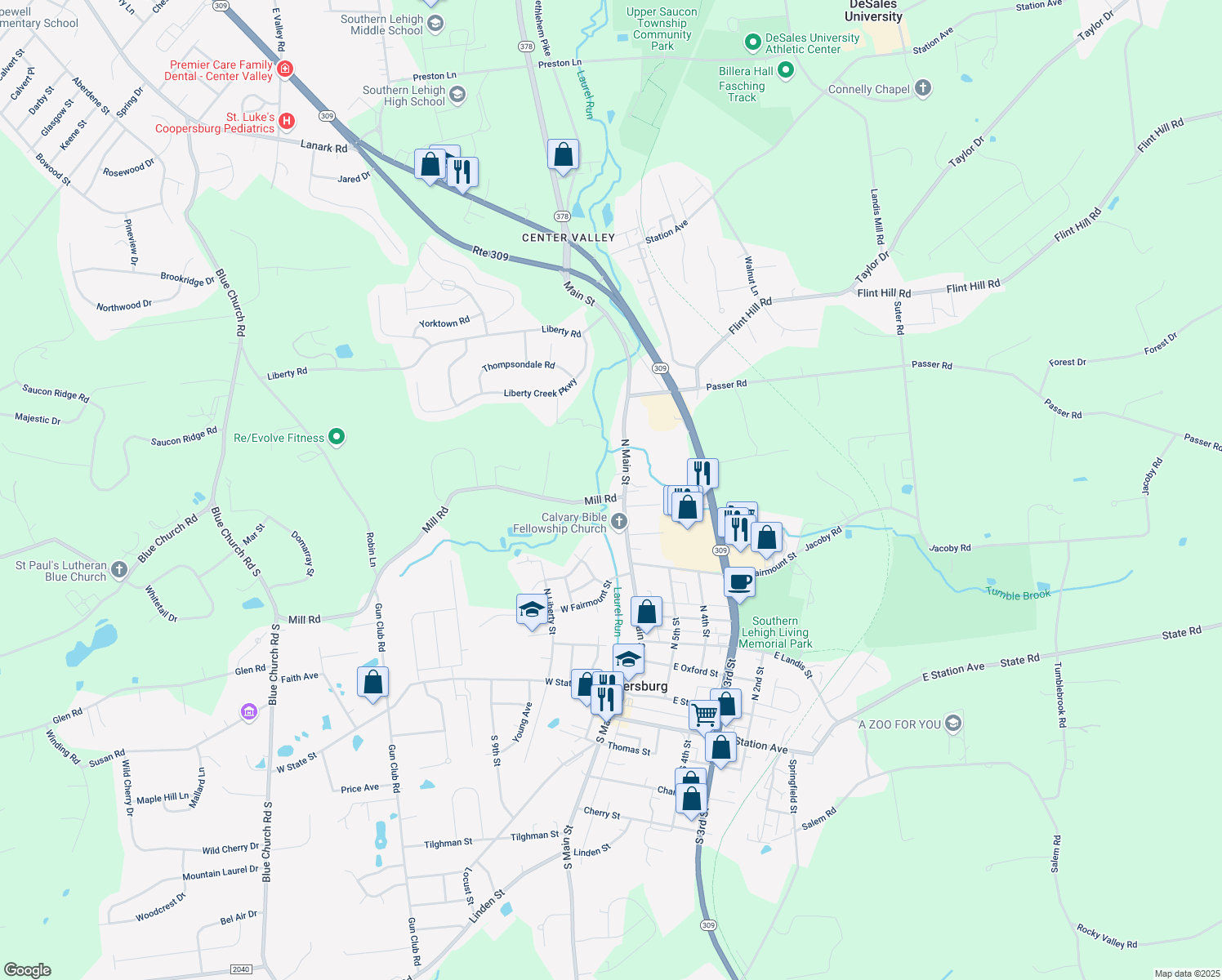 map of restaurants, bars, coffee shops, grocery stores, and more near 6734 N Main St in Coopersburg