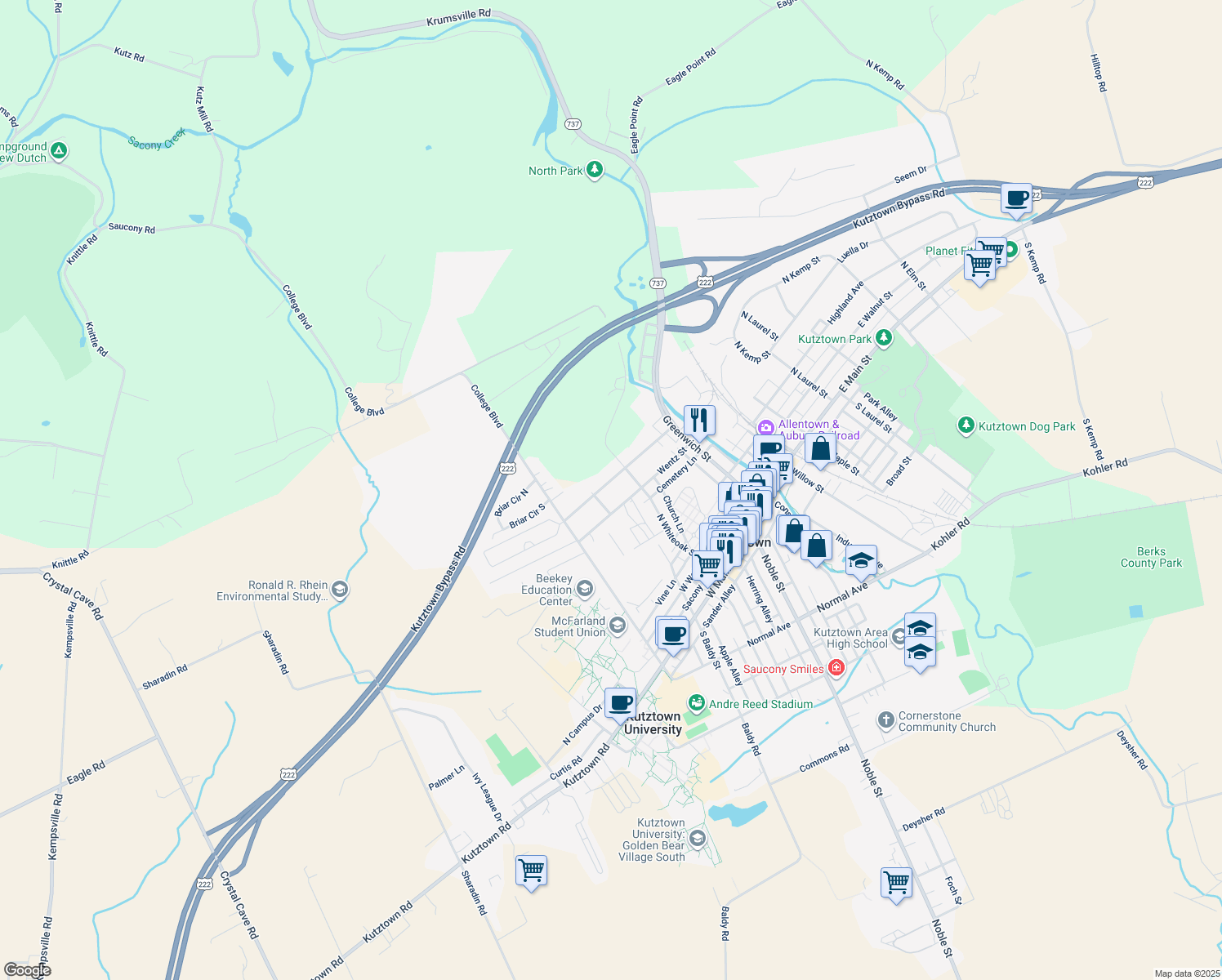 map of restaurants, bars, coffee shops, grocery stores, and more near 332 Fairview Drive in Kutztown