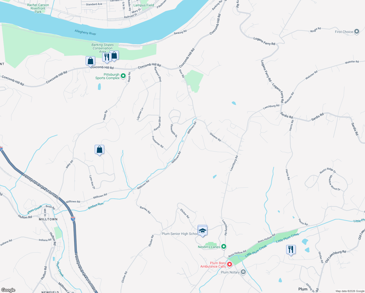 map of restaurants, bars, coffee shops, grocery stores, and more near 300 Milltown Road in New Kensington