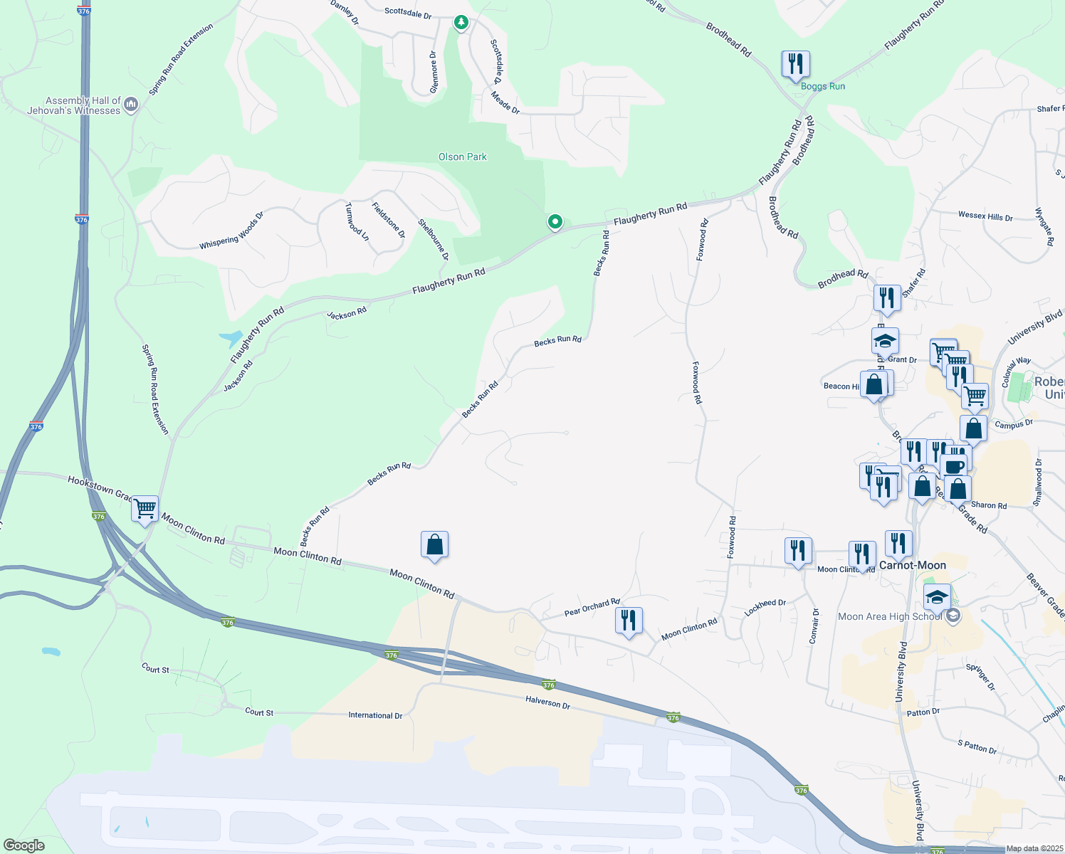 map of restaurants, bars, coffee shops, grocery stores, and more near 509 Blue Ridge Drive in Coraopolis