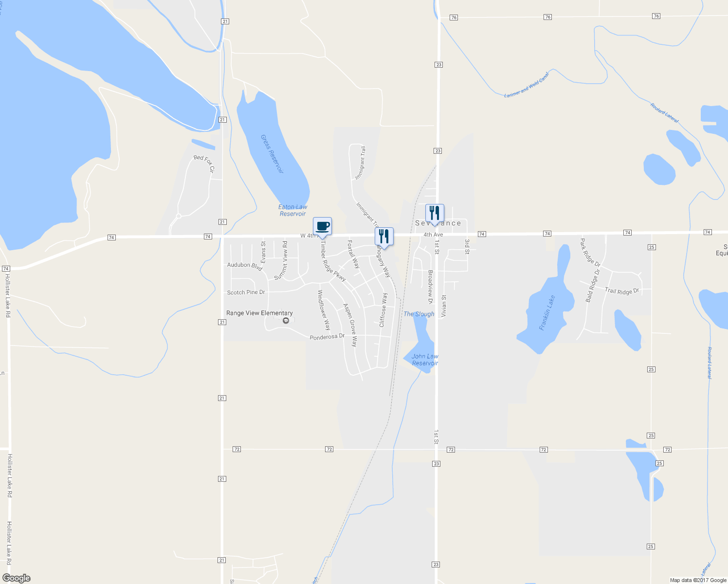 map of restaurants, bars, coffee shops, grocery stores, and more near 904 Foxtail Ct in Severance