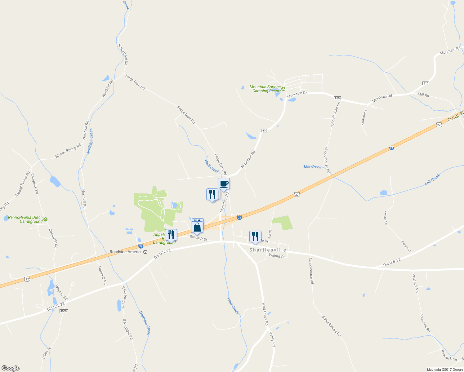 map of restaurants, bars, coffee shops, grocery stores, and more near 3651 Mountain Rd in Hamburg