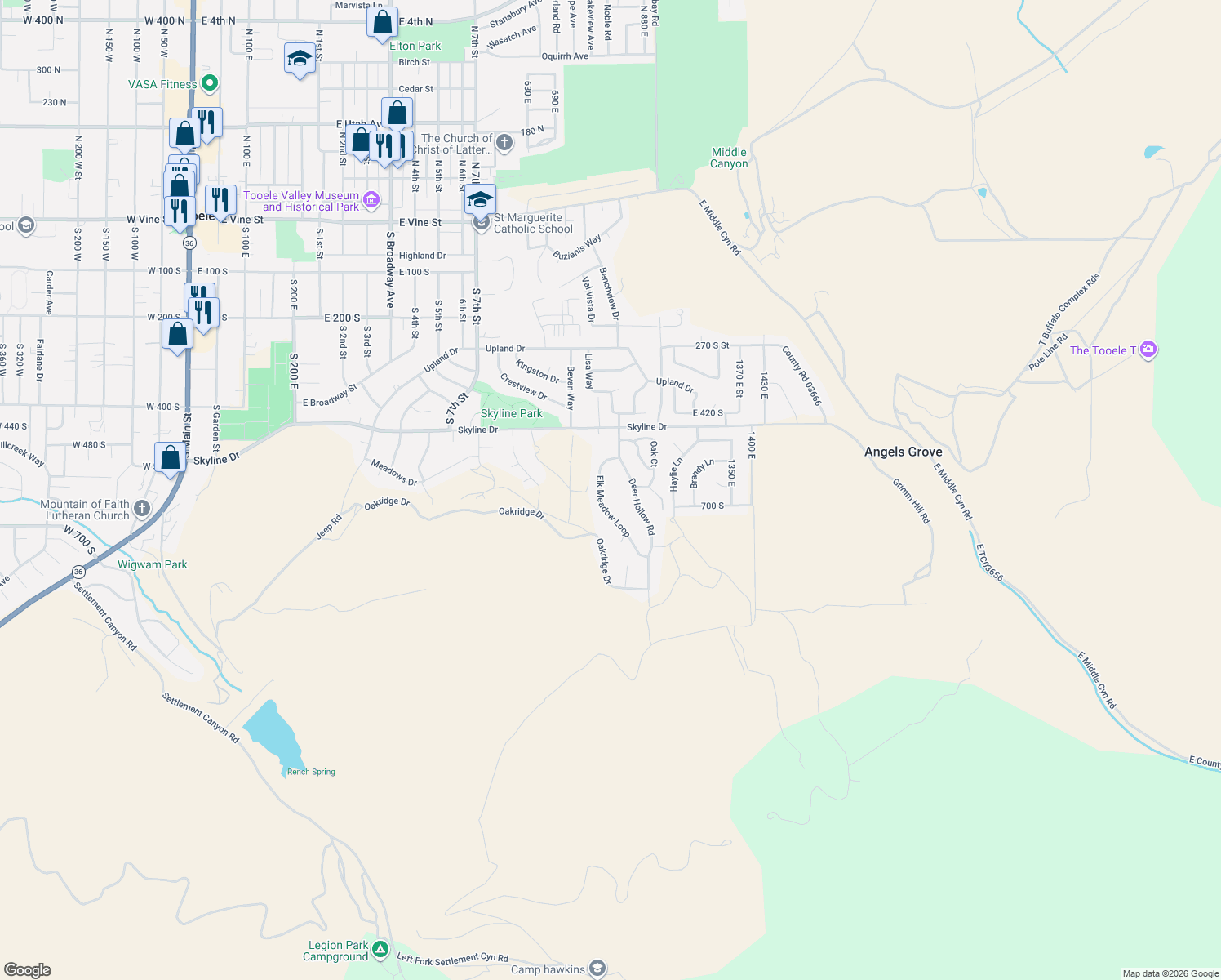 map of restaurants, bars, coffee shops, grocery stores, and more near 569 Elk Meadow Loop in Tooele
