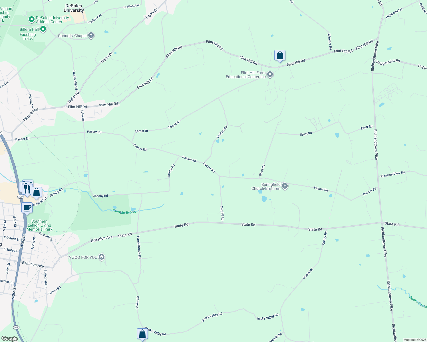 map of restaurants, bars, coffee shops, grocery stores, and more near 735 Passer Road in Coopersburg