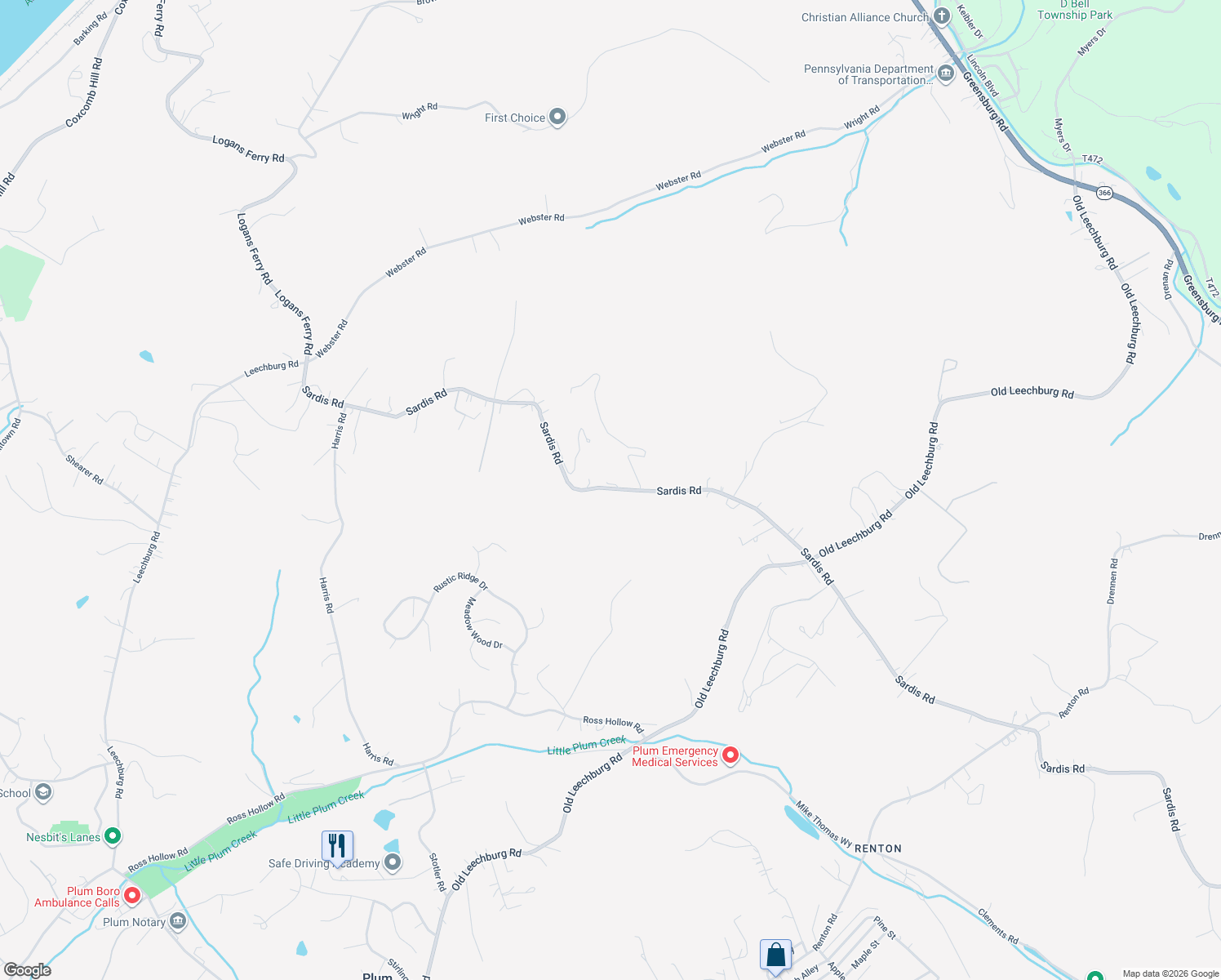 map of restaurants, bars, coffee shops, grocery stores, and more near 4720 Sardis Road in New Kensington