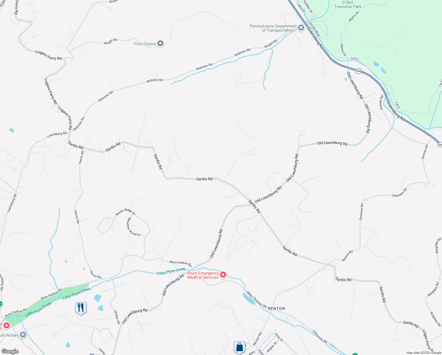 map of restaurants, bars, coffee shops, grocery stores, and more near 4612 Sardis Road in New Kensington