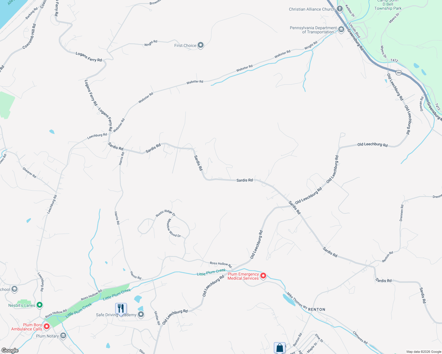 map of restaurants, bars, coffee shops, grocery stores, and more near 4720 Sardis Road in New Kensington