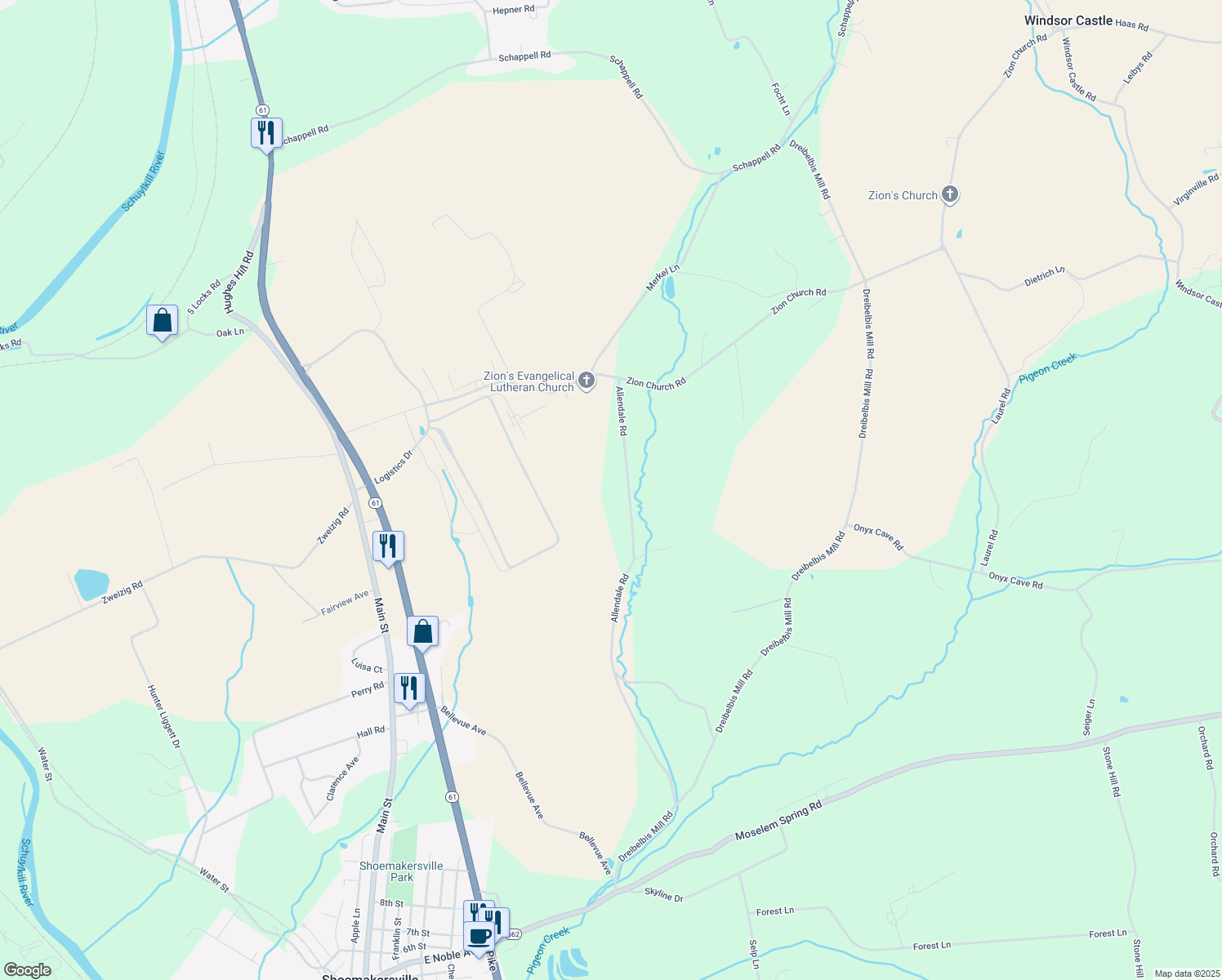 map of restaurants, bars, coffee shops, grocery stores, and more near 162 Allendale Rd in Shoemakersville