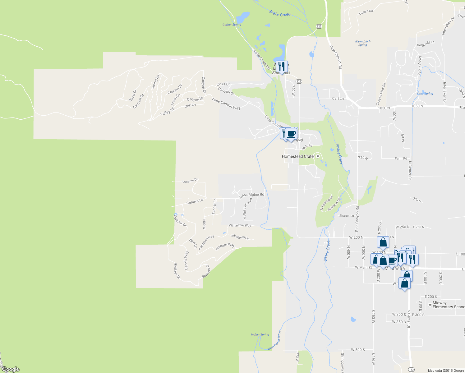 map of restaurants, bars, coffee shops, grocery stores, and more near 527 West Ranch Way in Midway