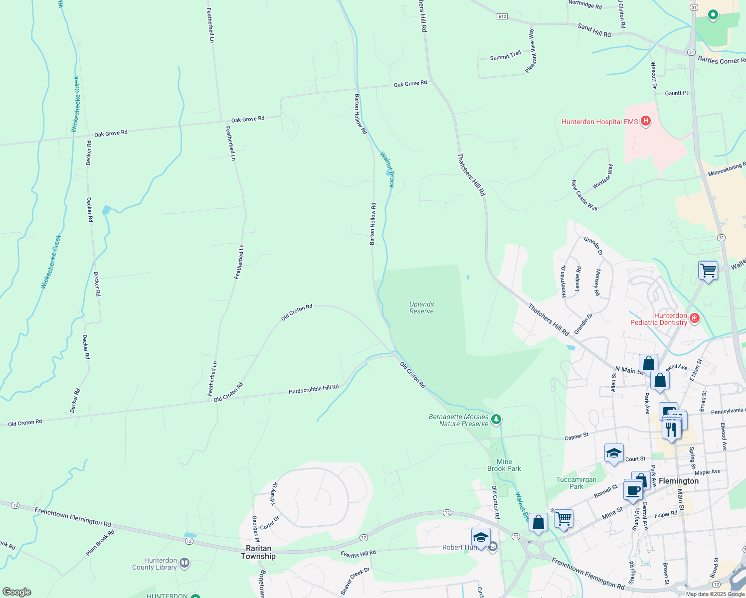 map of restaurants, bars, coffee shops, grocery stores, and more near 19 Barton Hollow Road in Flemington