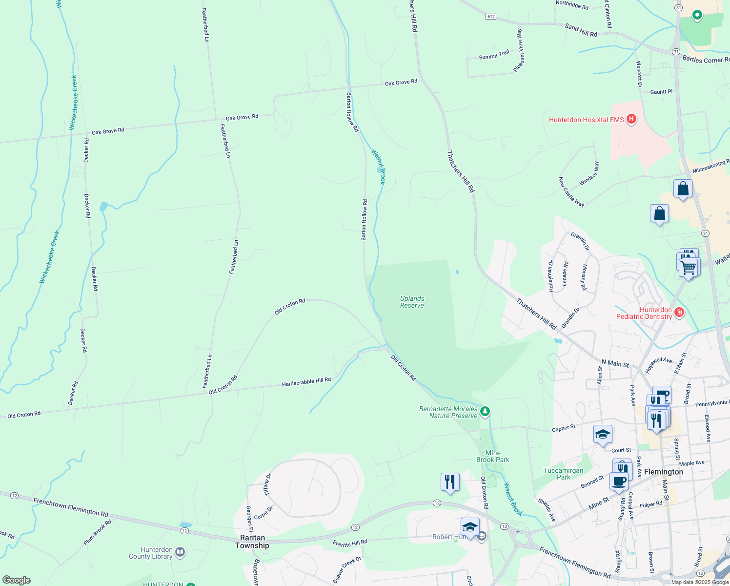 map of restaurants, bars, coffee shops, grocery stores, and more near 19 Barton Hollow Road in Flemington