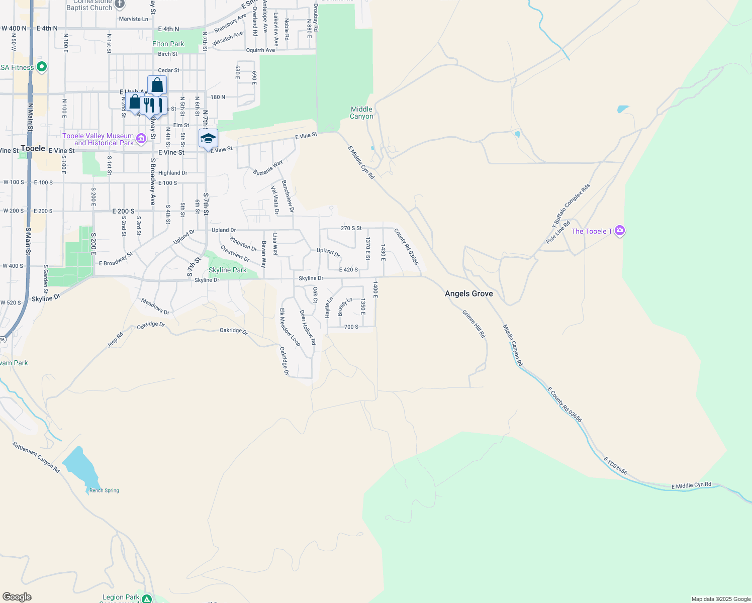 map of restaurants, bars, coffee shops, grocery stores, and more near 1400 E in Tooele