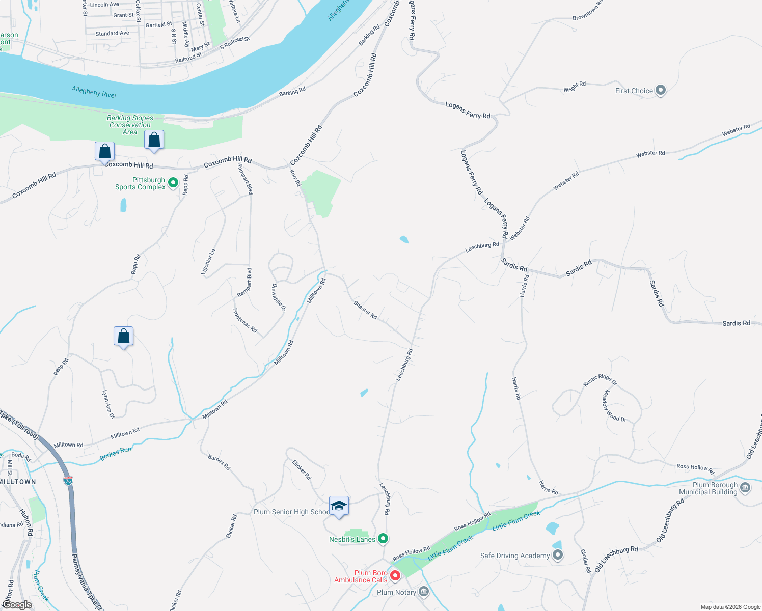 map of restaurants, bars, coffee shops, grocery stores, and more near 139 Shearer Road in New Kensington