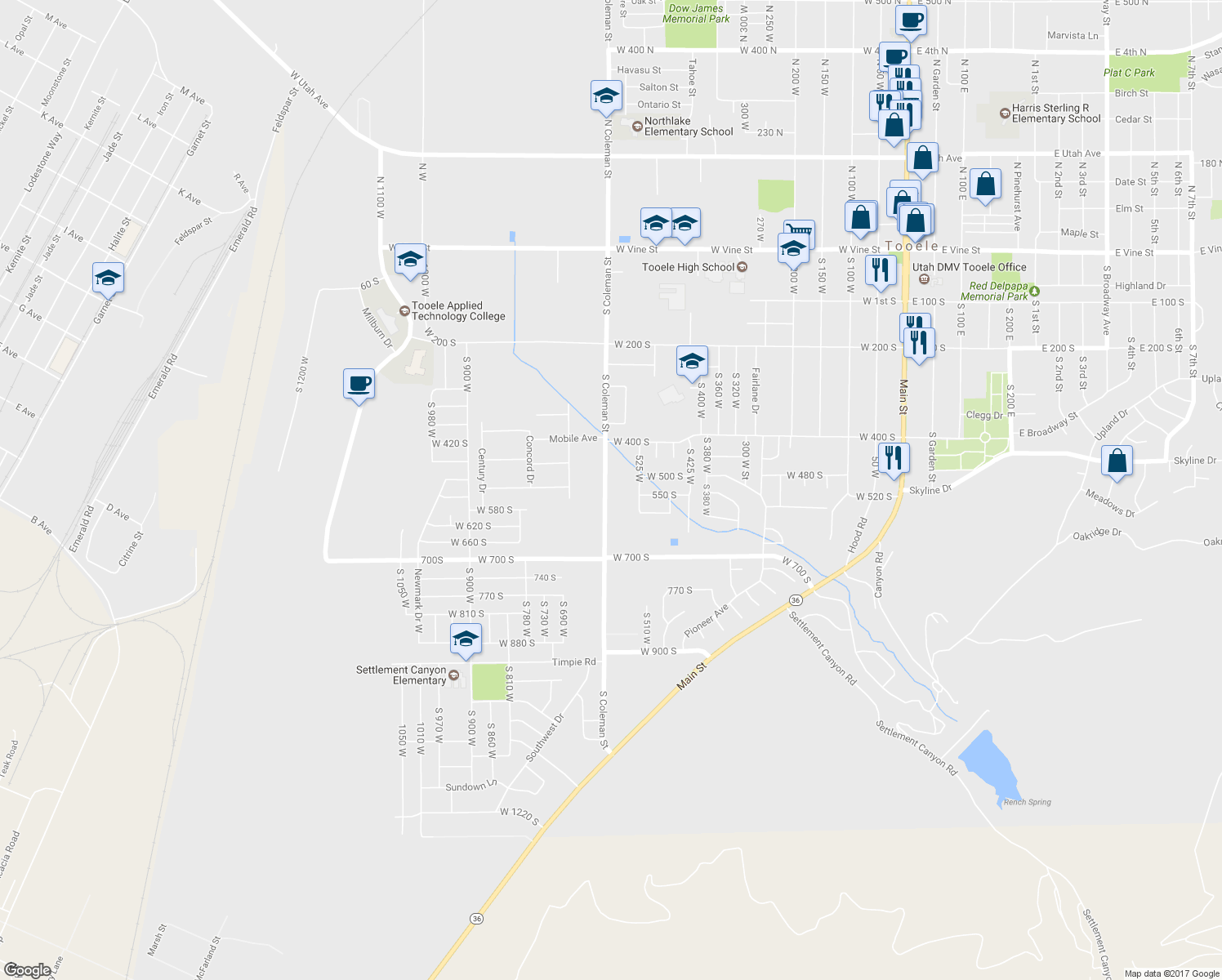 map of restaurants, bars, coffee shops, grocery stores, and more near 505 South Coleman Street in Tooele