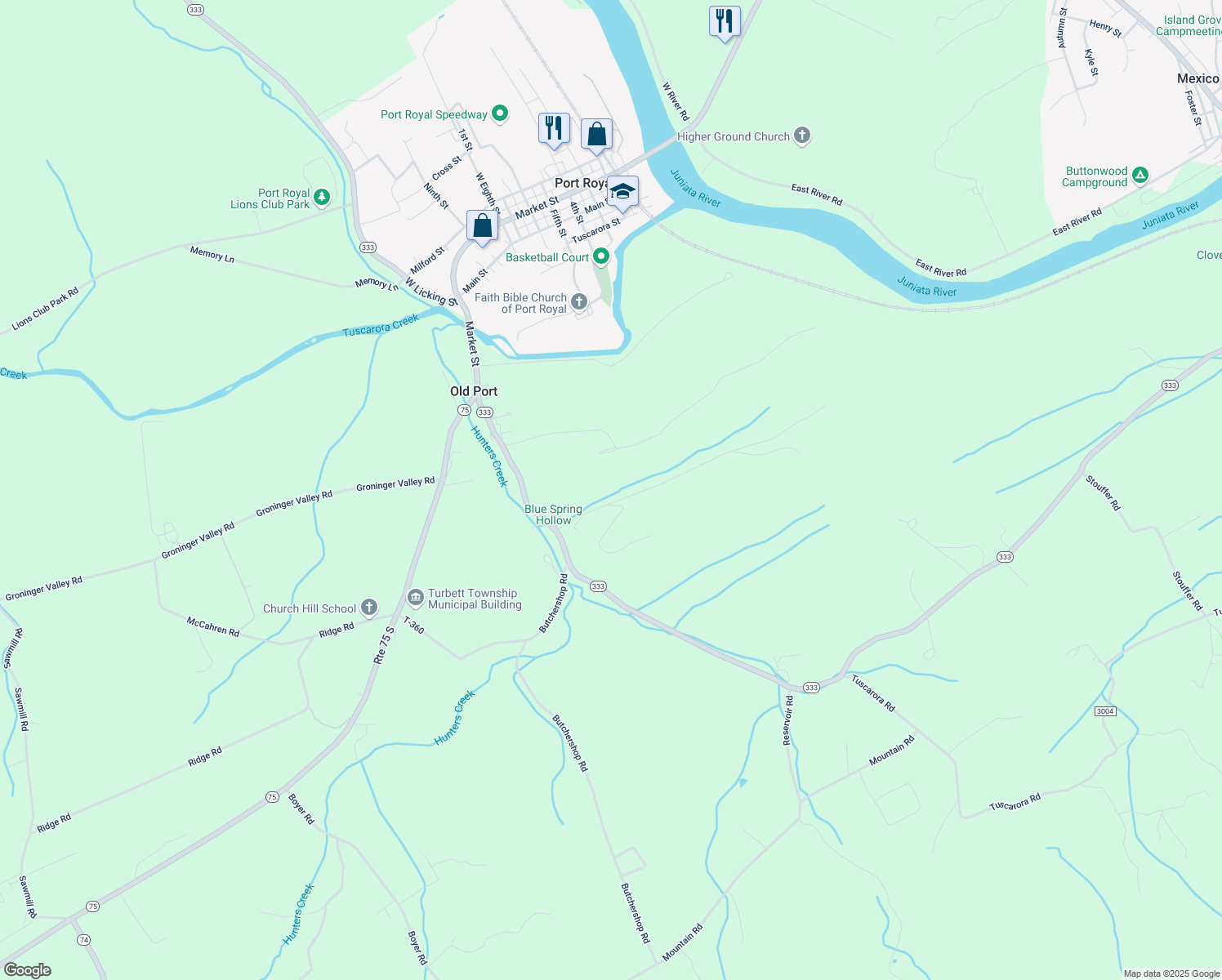 map of restaurants, bars, coffee shops, grocery stores, and more near 215 Blue Springs Hollow Road in Port Royal
