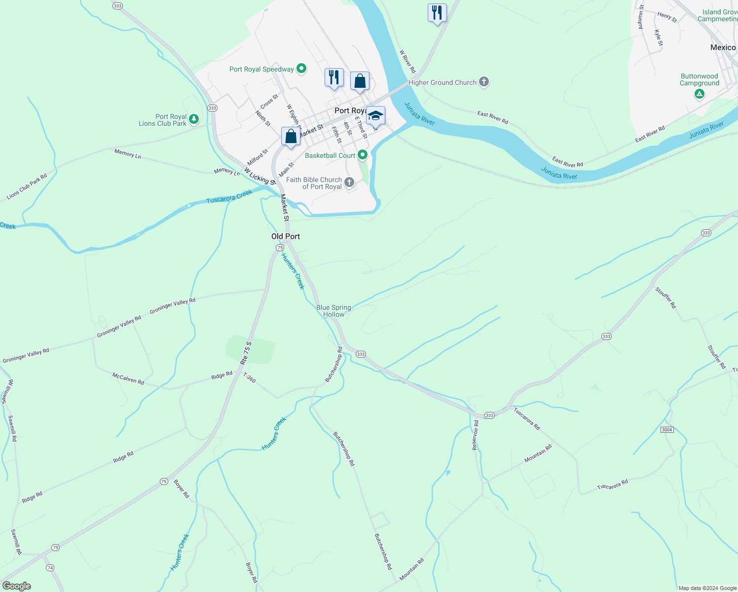 map of restaurants, bars, coffee shops, grocery stores, and more near 215 Blue Springs Hollow Road in Port Royal