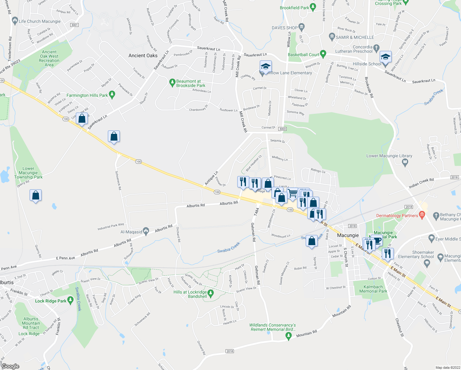 map of restaurants, bars, coffee shops, grocery stores, and more near 6870 Pioneer Drive in Macungie