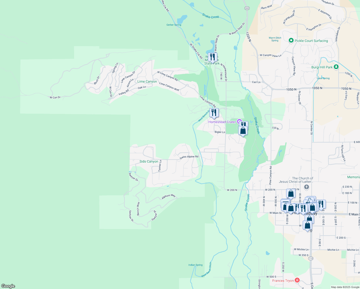 map of restaurants, bars, coffee shops, grocery stores, and more near 1104 West Olympic Circle in Midway