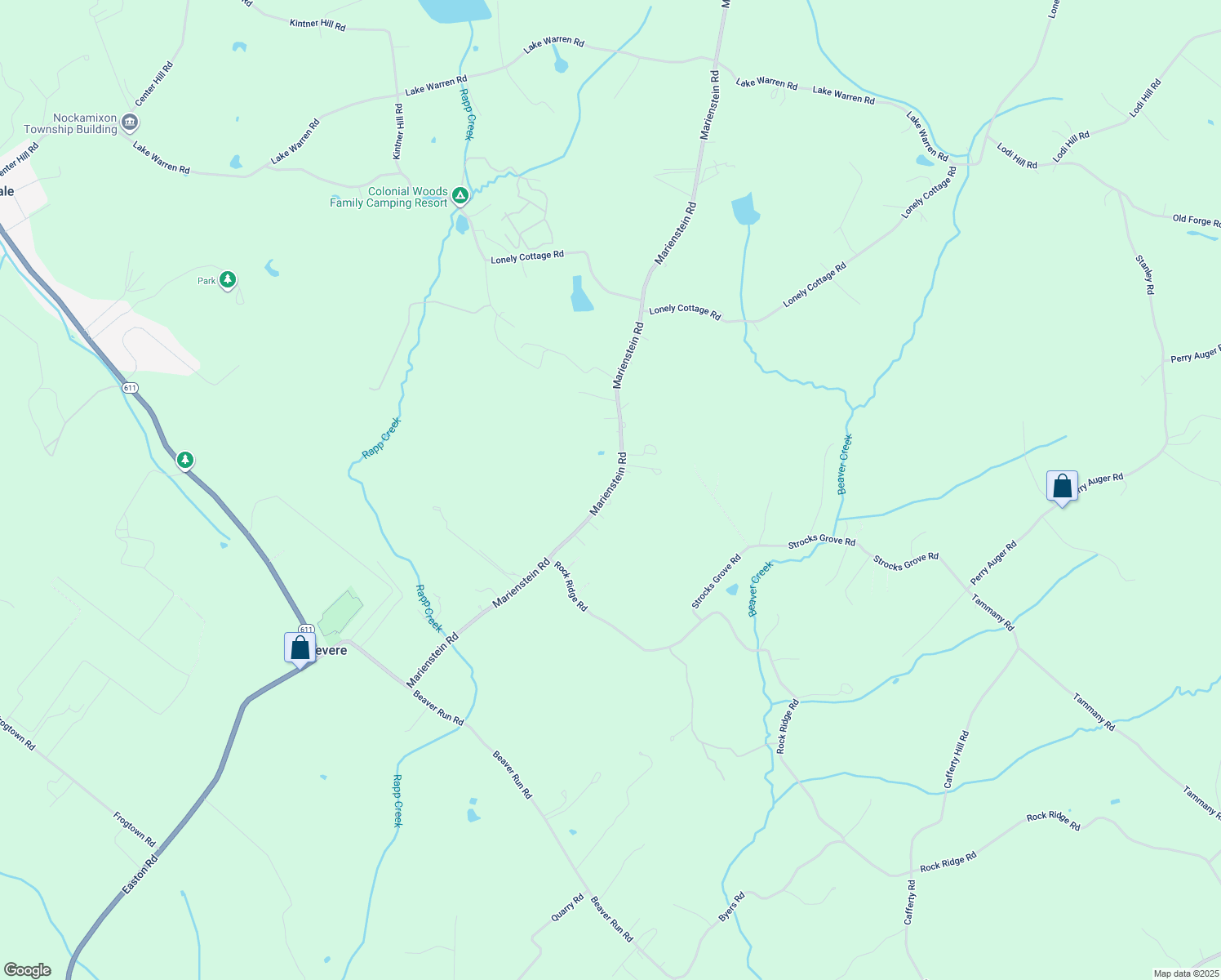 map of restaurants, bars, coffee shops, grocery stores, and more near 374 Marienstein Road in Upper Black Eddy