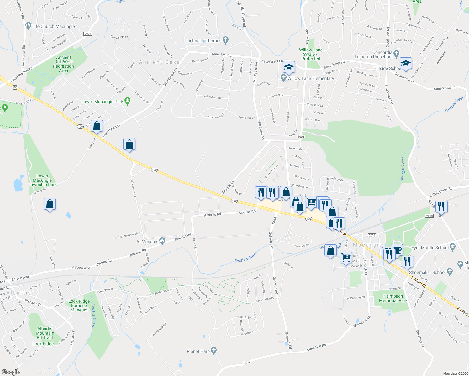 map of restaurants, bars, coffee shops, grocery stores, and more near 6955 Pioneer Drive in Macungie