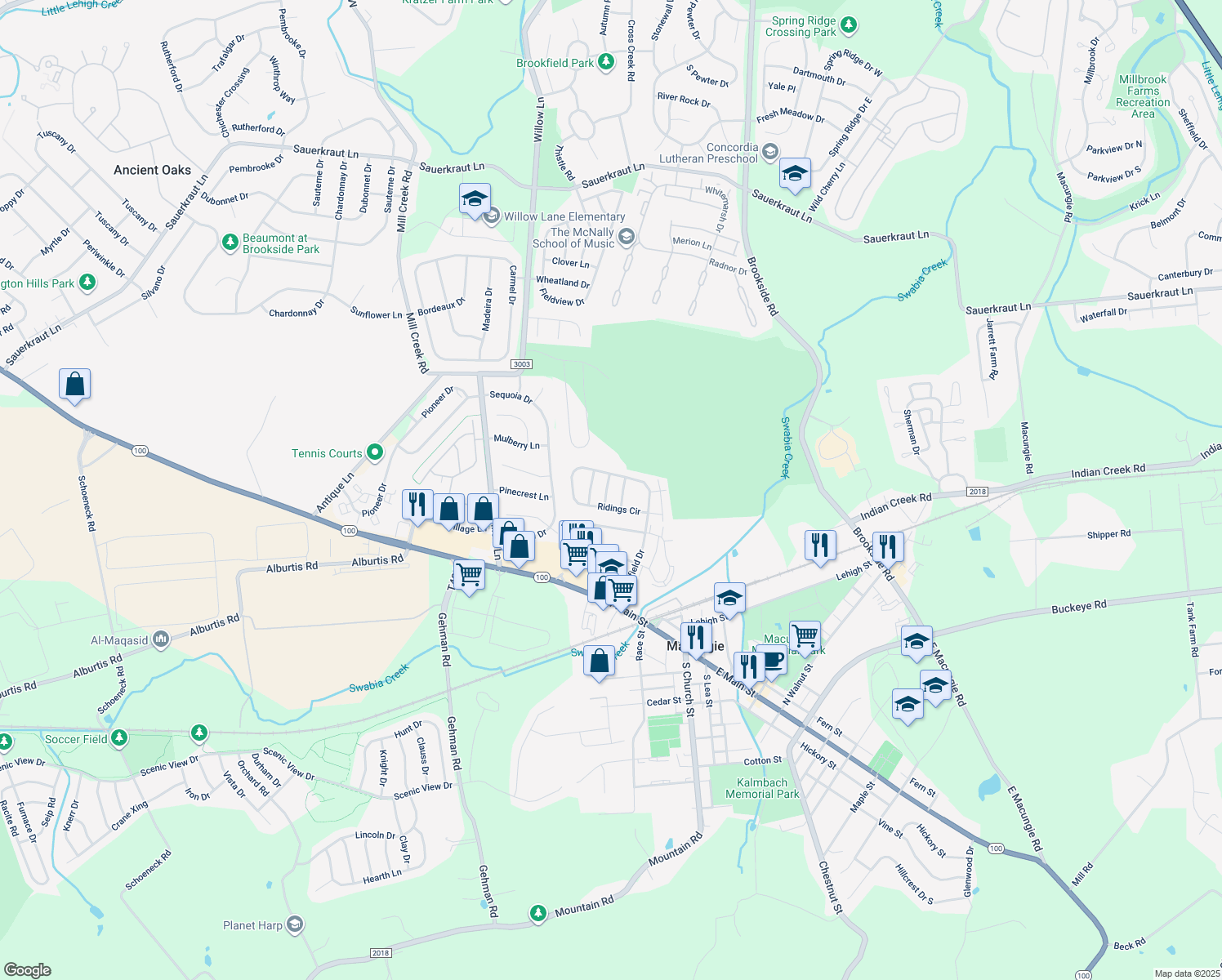 map of restaurants, bars, coffee shops, grocery stores, and more near 317 Surrey Place in Macungie