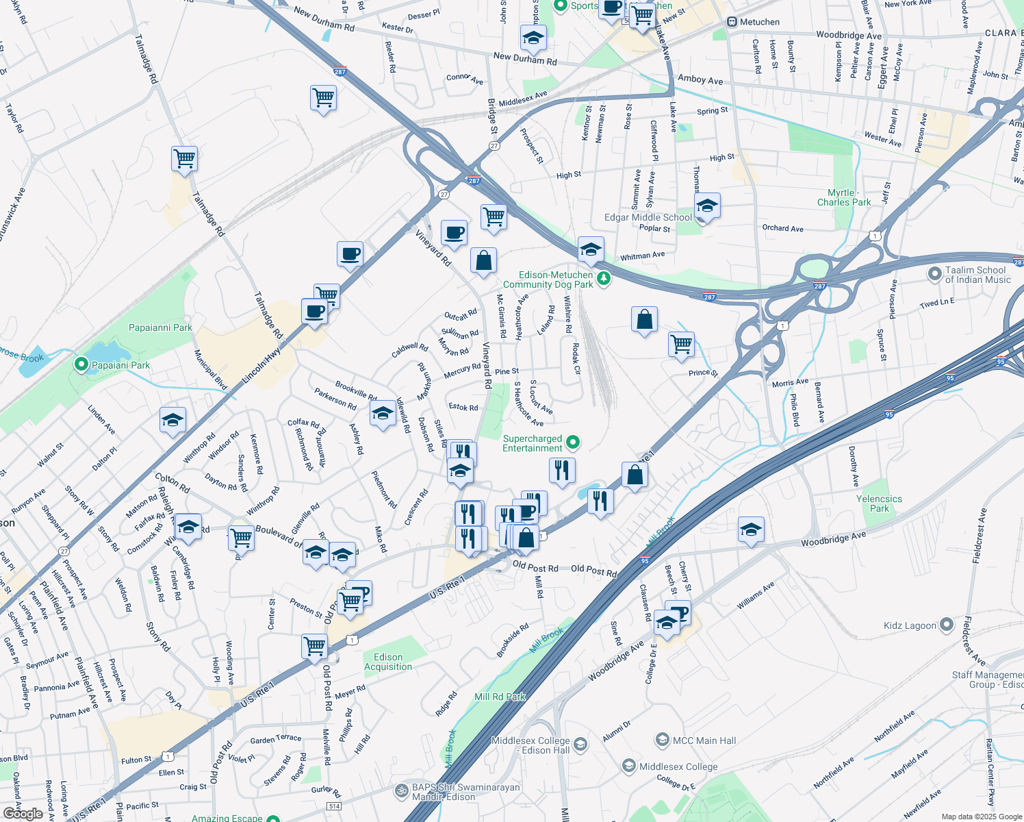 map of restaurants, bars, coffee shops, grocery stores, and more near 3 Laythan Road in Edison