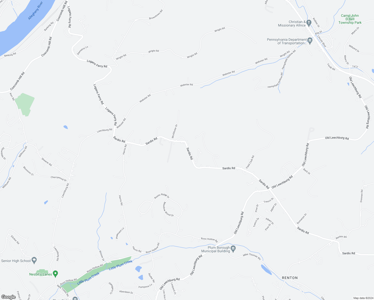 map of restaurants, bars, coffee shops, grocery stores, and more near 4813 Sardis Road in New Kensington