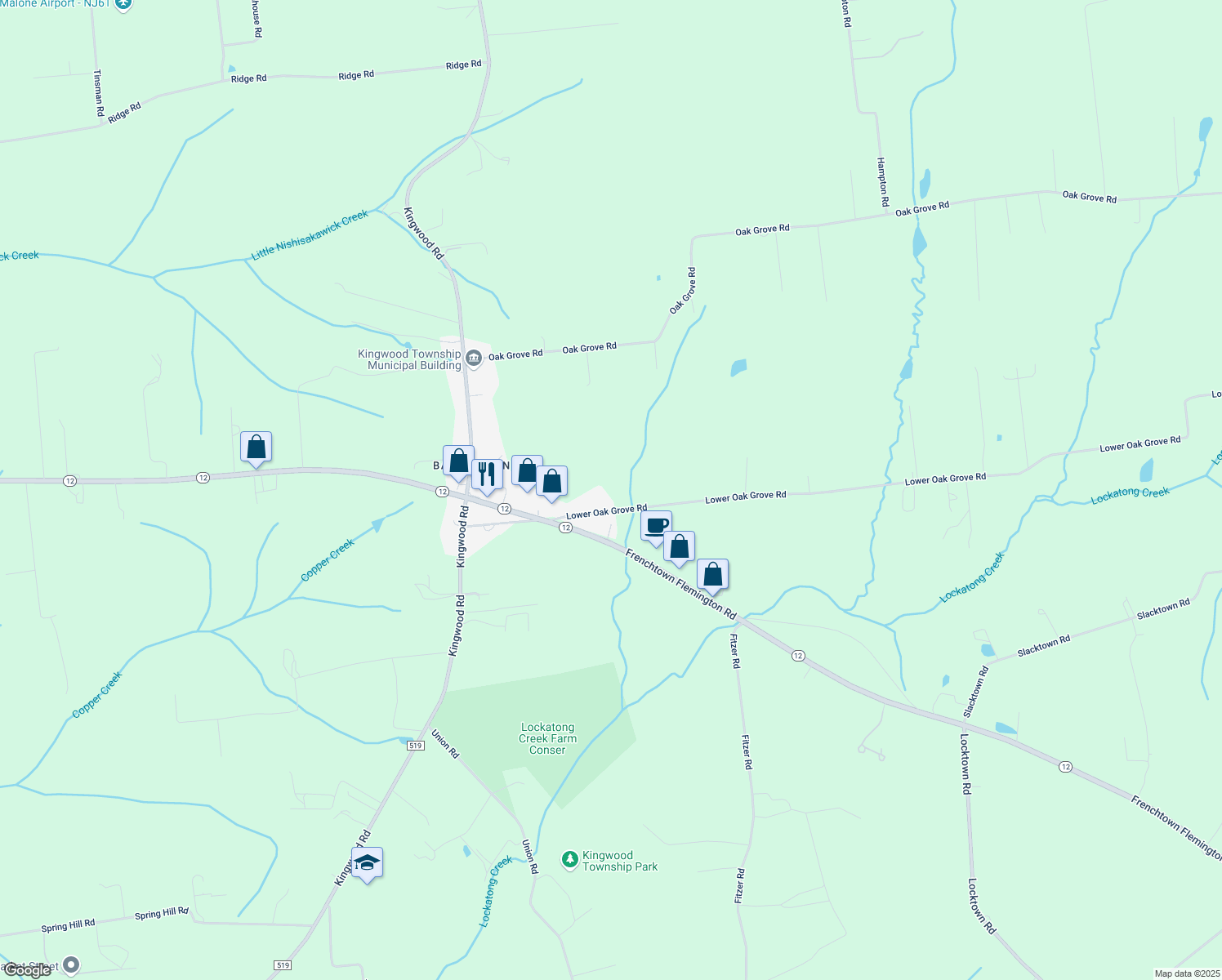 map of restaurants, bars, coffee shops, grocery stores, and more near 15 Lower Oak Grove Road in Frenchtown