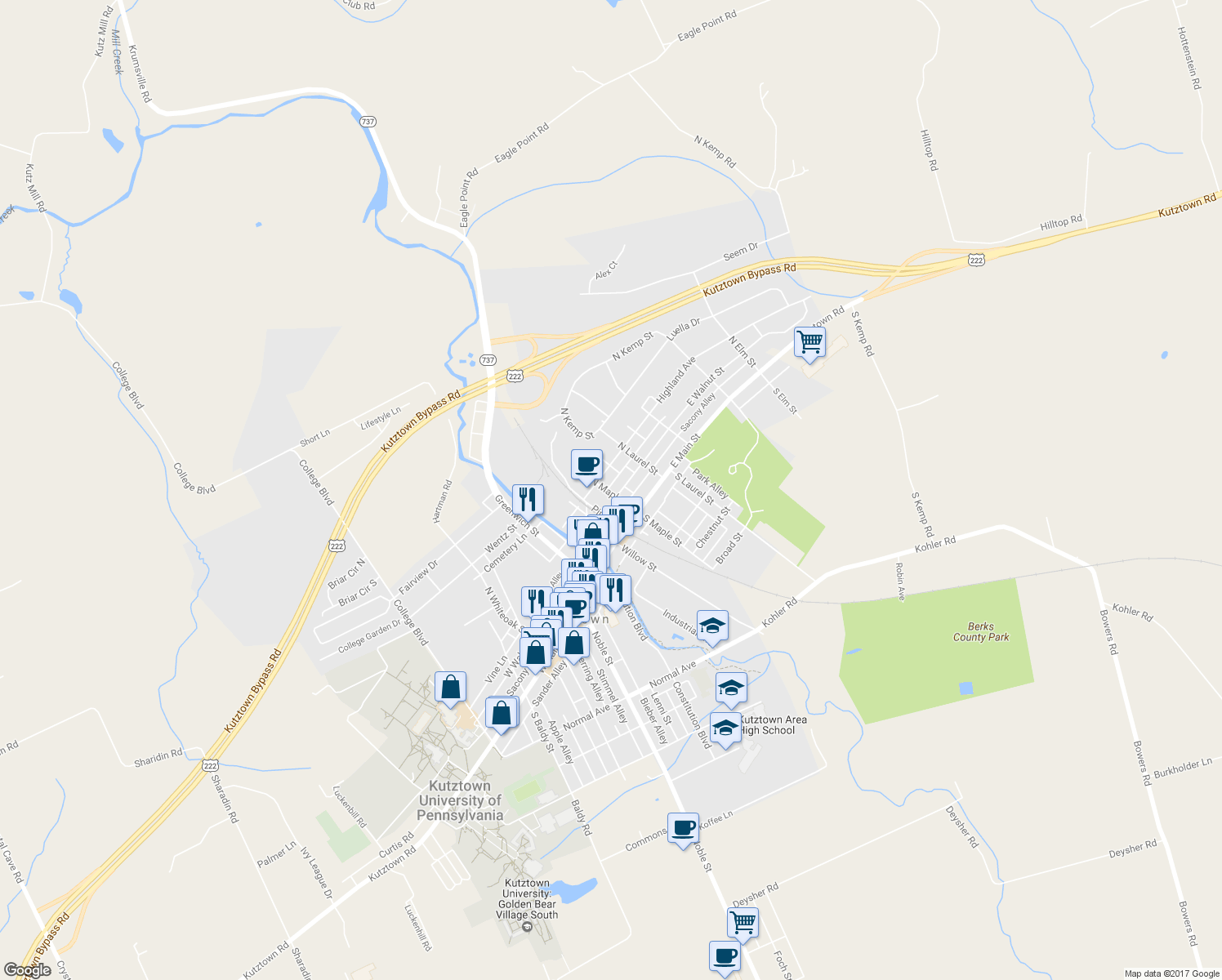 map of restaurants, bars, coffee shops, grocery stores, and more near 111 North Maple Street in Kutztown