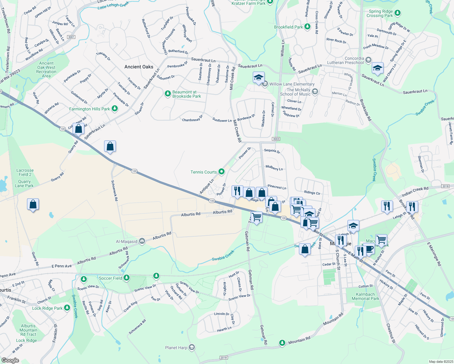 map of restaurants, bars, coffee shops, grocery stores, and more near 6684 Pioneer Dr in Macungie