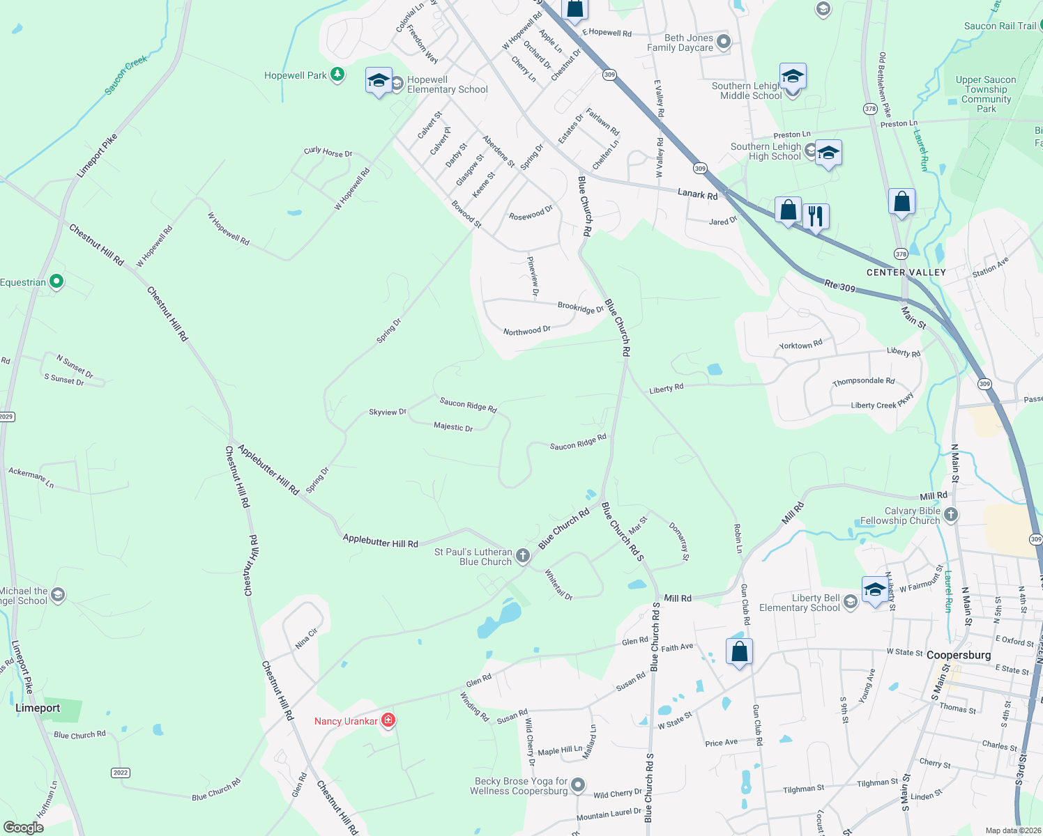 map of restaurants, bars, coffee shops, grocery stores, and more near 5575 Saucon Ridge Road in Coopersburg