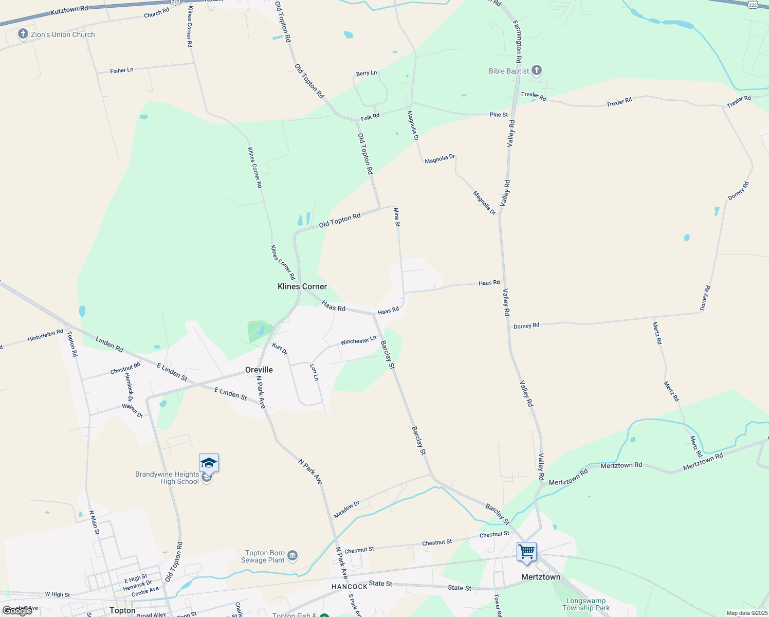 map of restaurants, bars, coffee shops, grocery stores, and more near 107 Haas Road in Mertztown