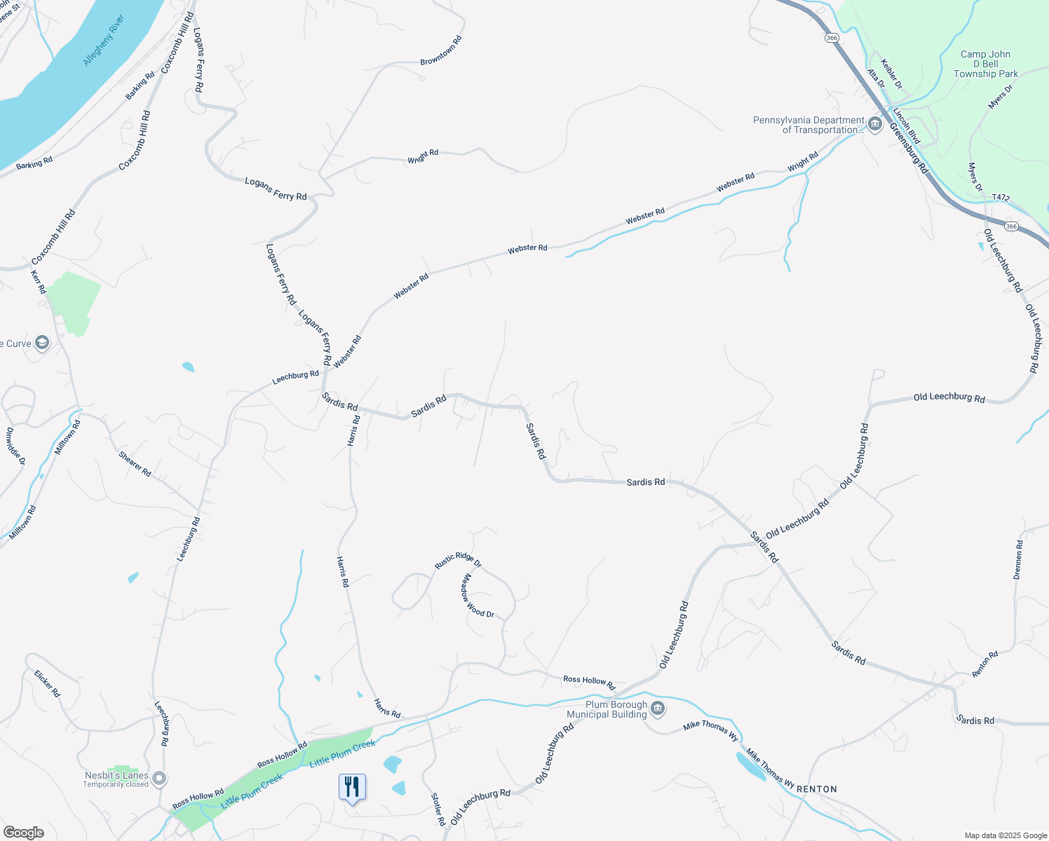 map of restaurants, bars, coffee shops, grocery stores, and more near 4813 Sardis Road in New Kensington