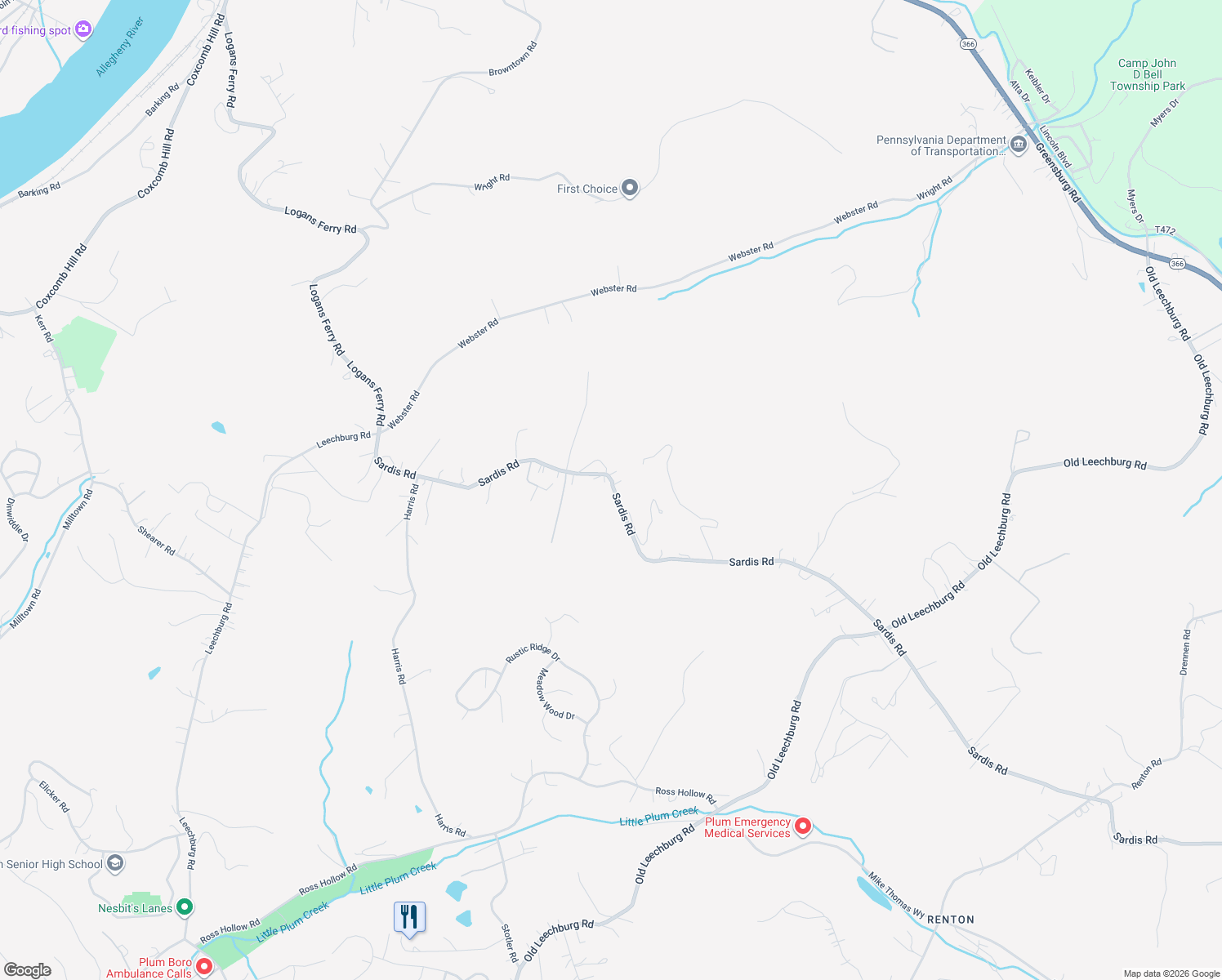 map of restaurants, bars, coffee shops, grocery stores, and more near 4813 Sardis Road in New Kensington