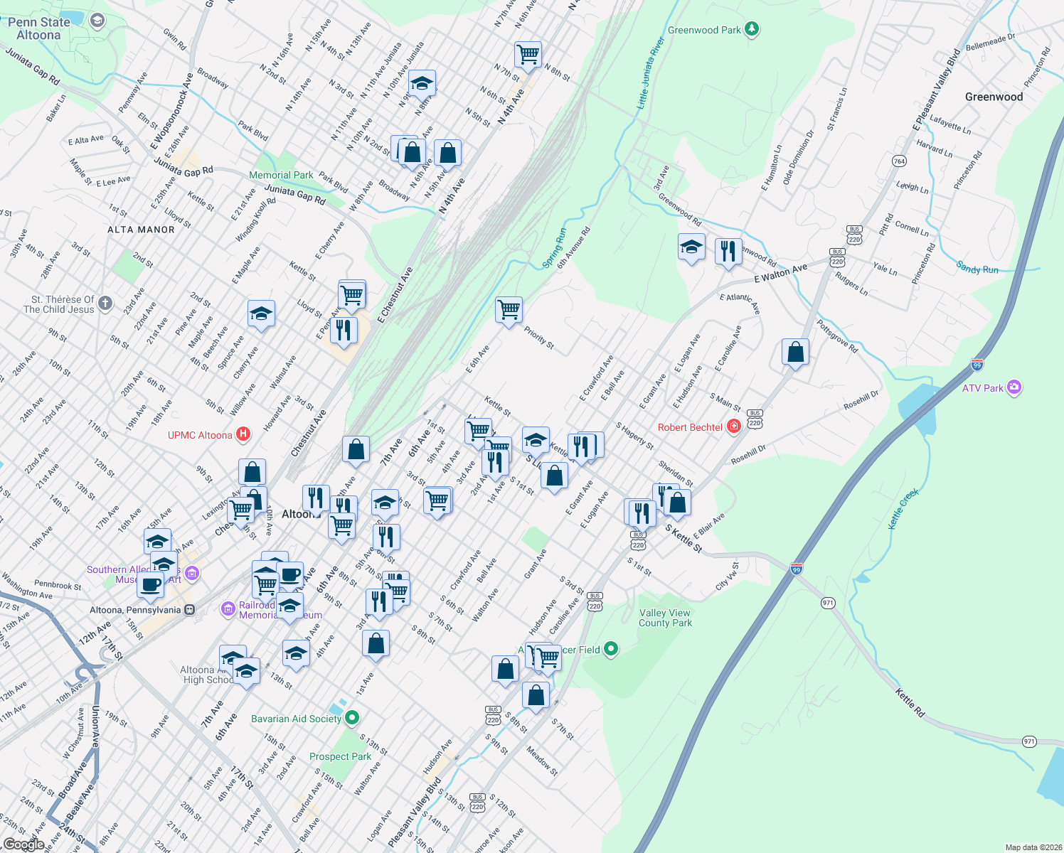 map of restaurants, bars, coffee shops, grocery stores, and more near 106-08 Kettle St in Altoona