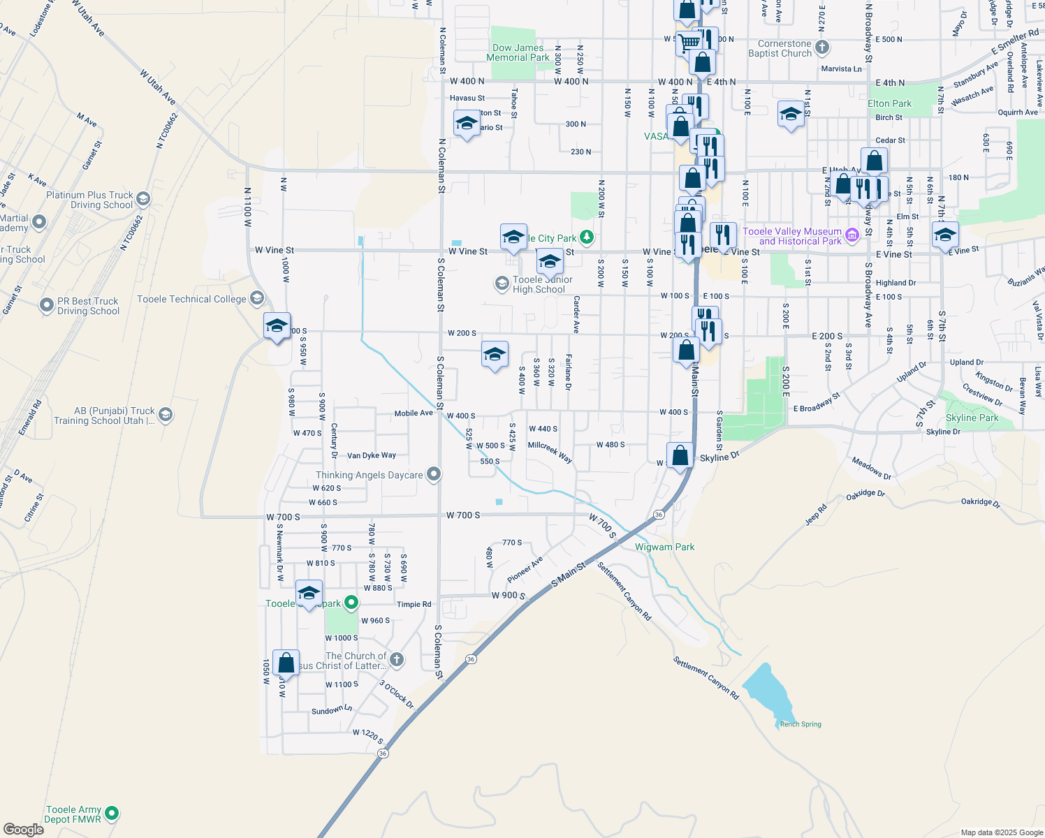 map of restaurants, bars, coffee shops, grocery stores, and more near 420 South 380 West in Tooele