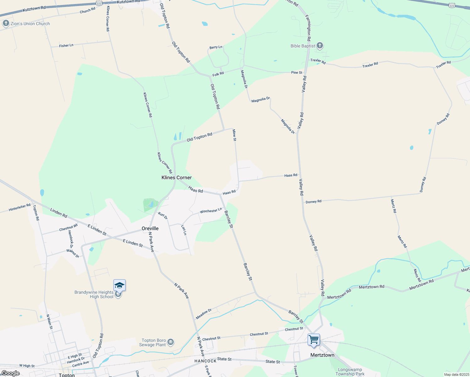 map of restaurants, bars, coffee shops, grocery stores, and more near 115 Haas Road in Mertztown