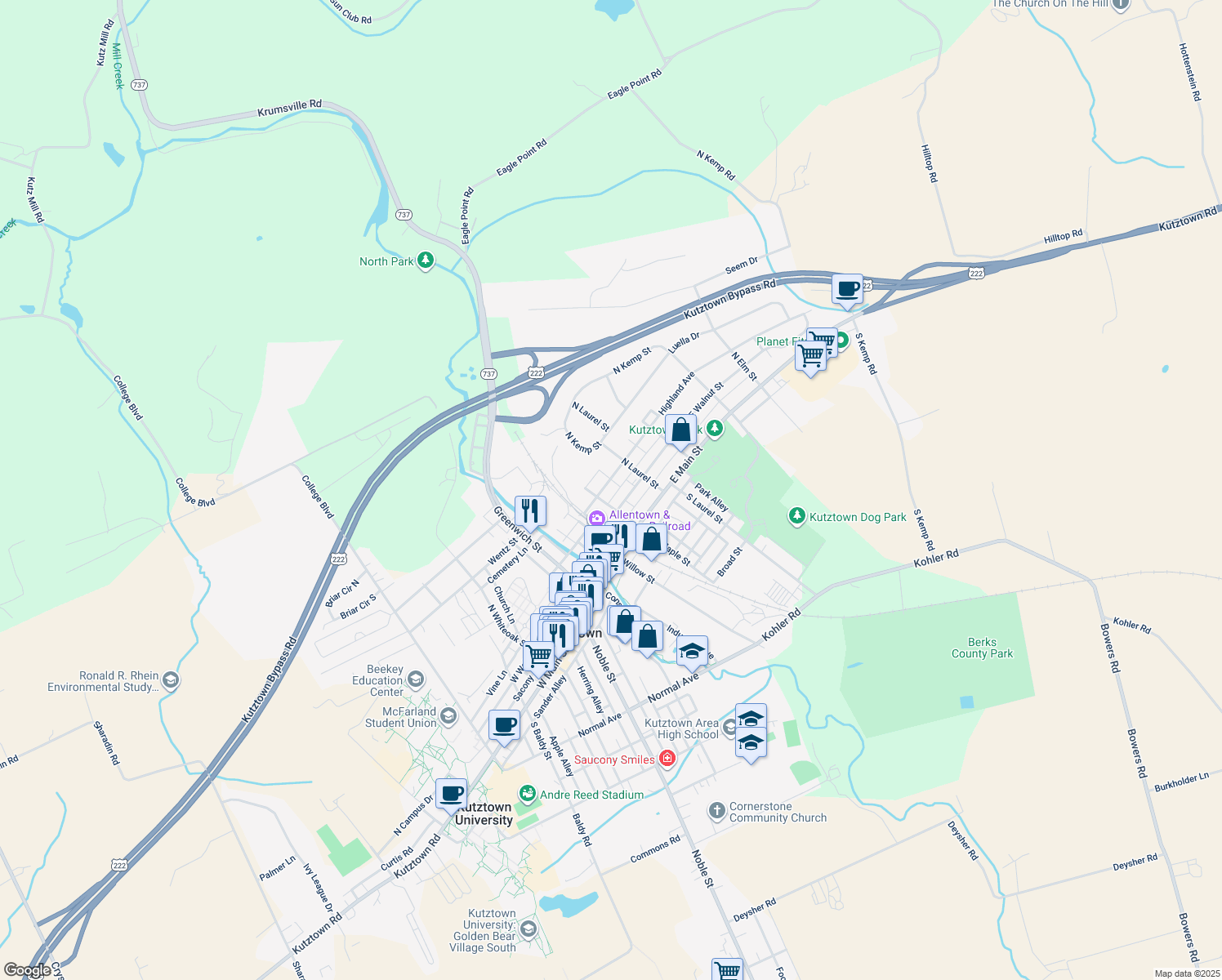 map of restaurants, bars, coffee shops, grocery stores, and more near 218 Highland Avenue in Kutztown