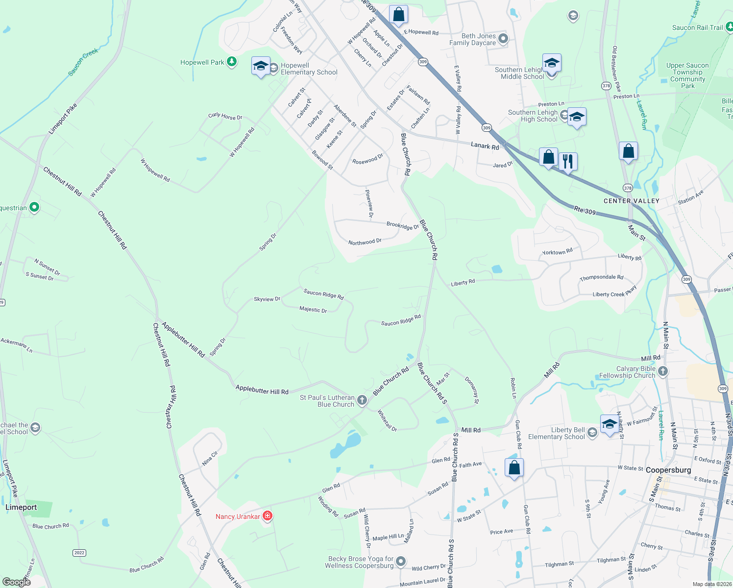 map of restaurants, bars, coffee shops, grocery stores, and more near 5575 Saucon Ridge Road in Coopersburg
