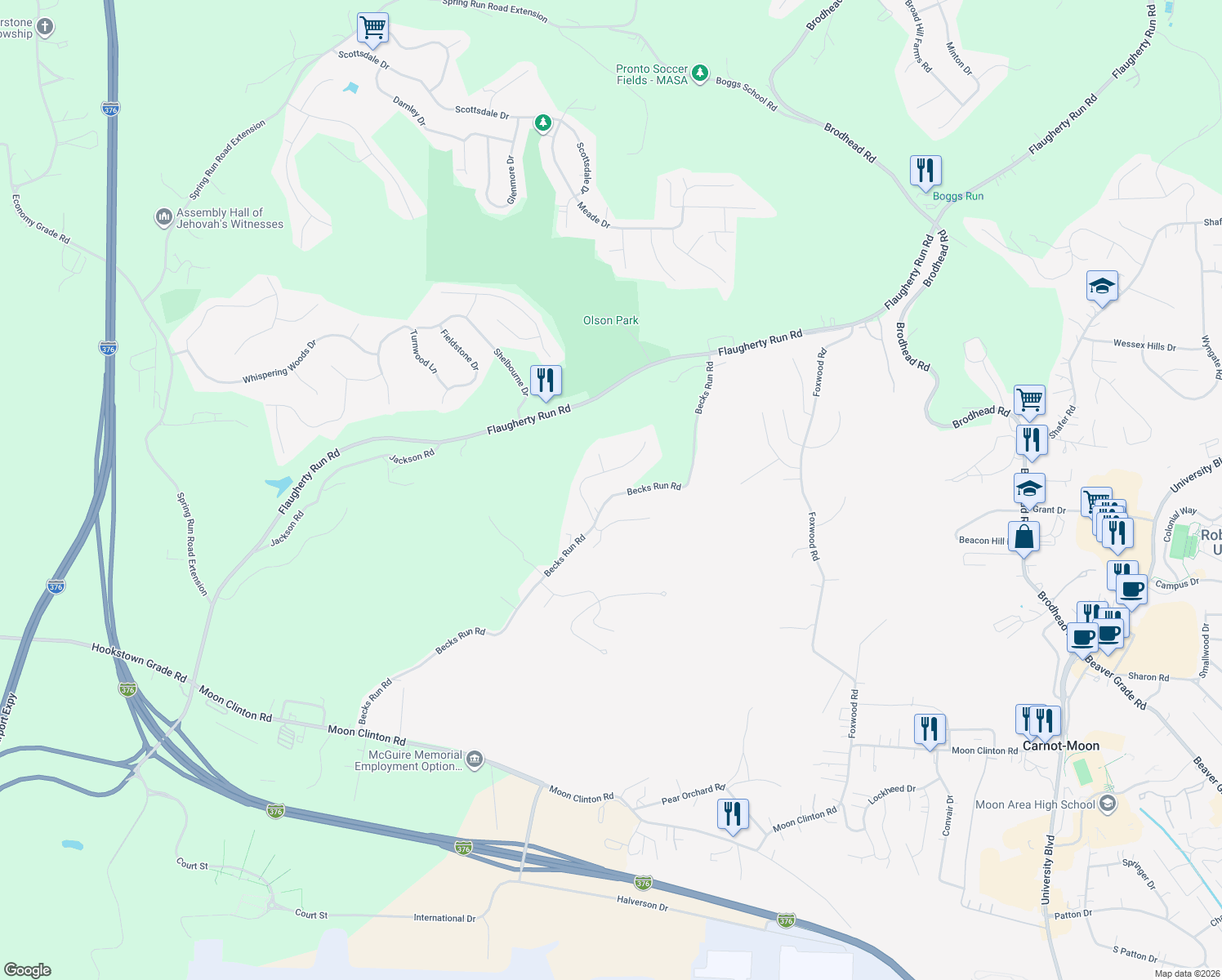 map of restaurants, bars, coffee shops, grocery stores, and more near 1018 Autumn Woods Drive in Coraopolis