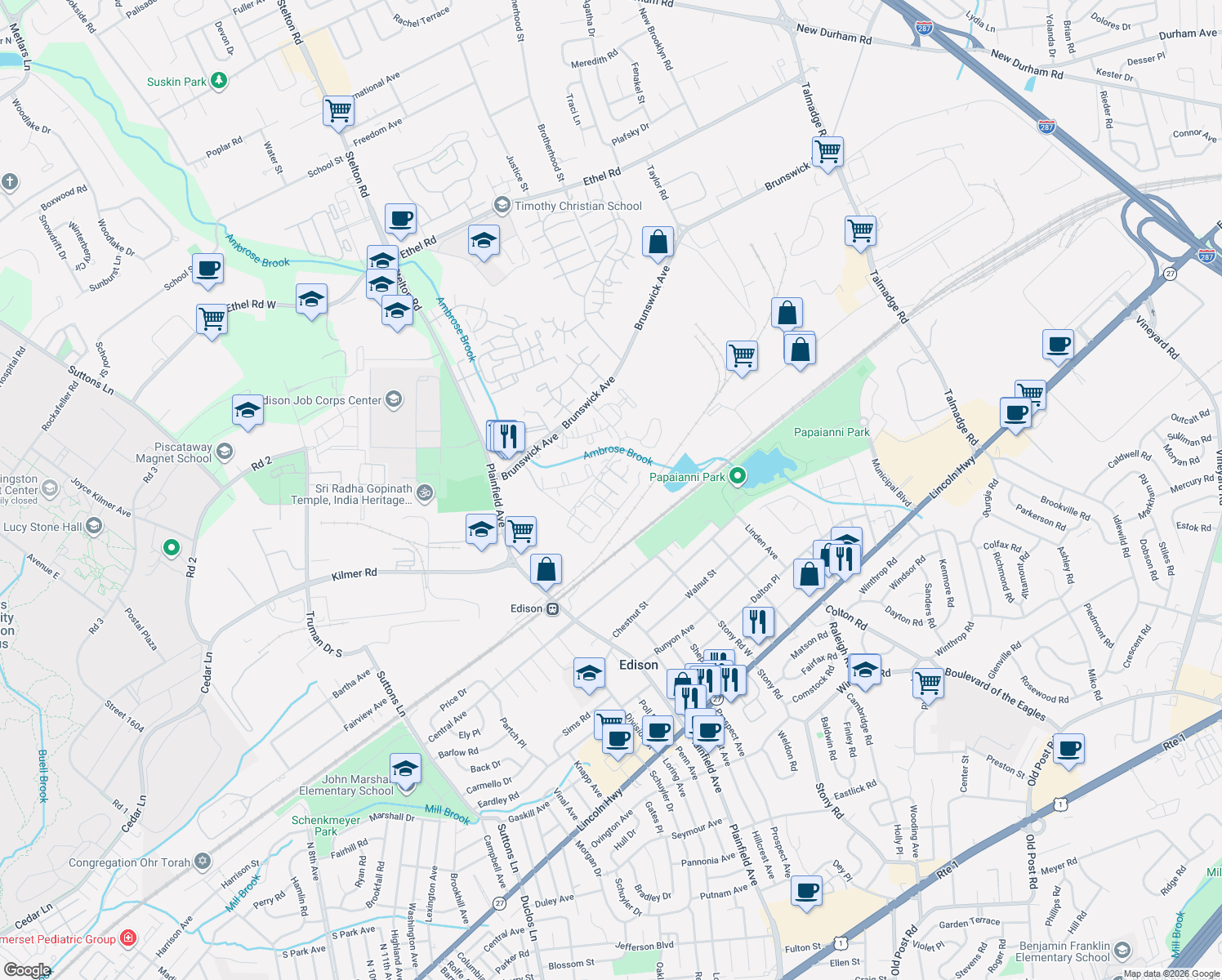 map of restaurants, bars, coffee shops, grocery stores, and more near 1913 Raspberry Court in Edison