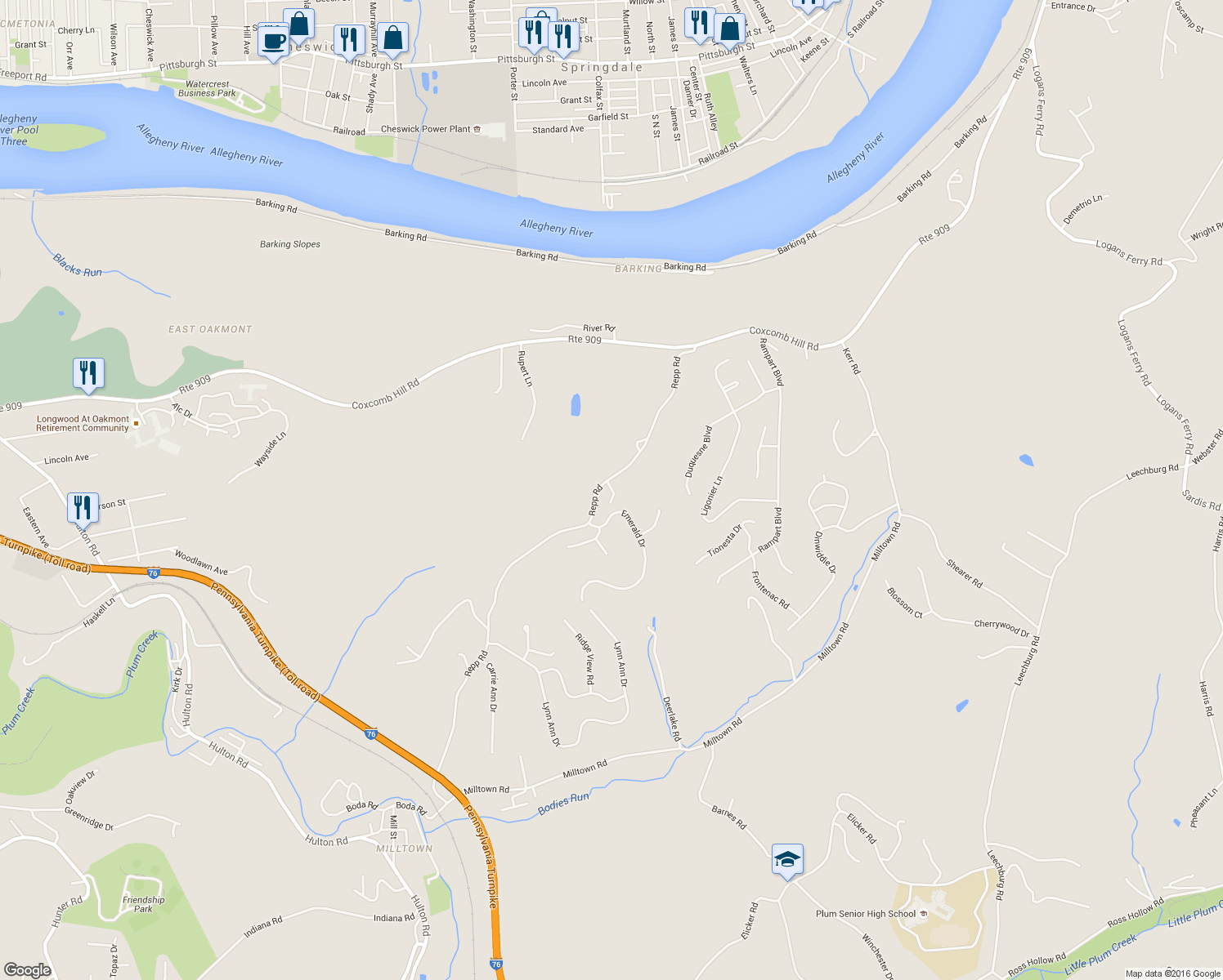 map of restaurants, bars, coffee shops, grocery stores, and more near 520 Repp Road in New Kensington