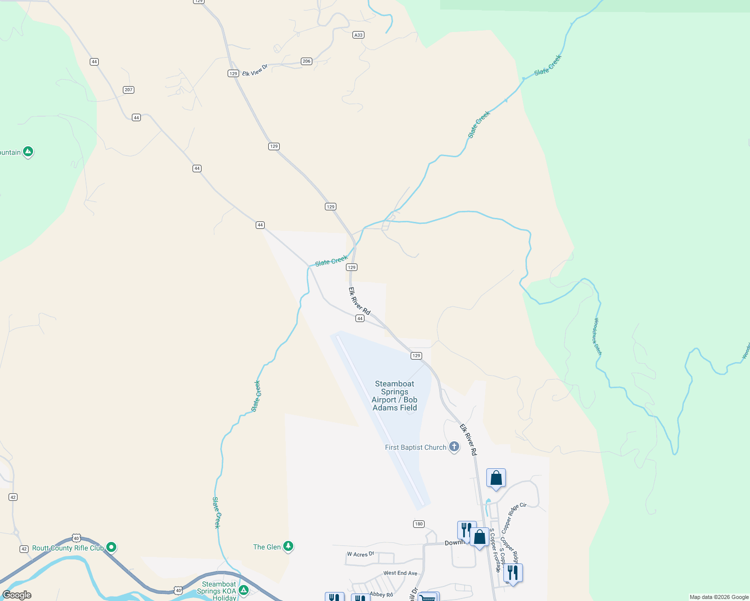 map of restaurants, bars, coffee shops, grocery stores, and more near 41500 County Road 129 in Steamboat Springs