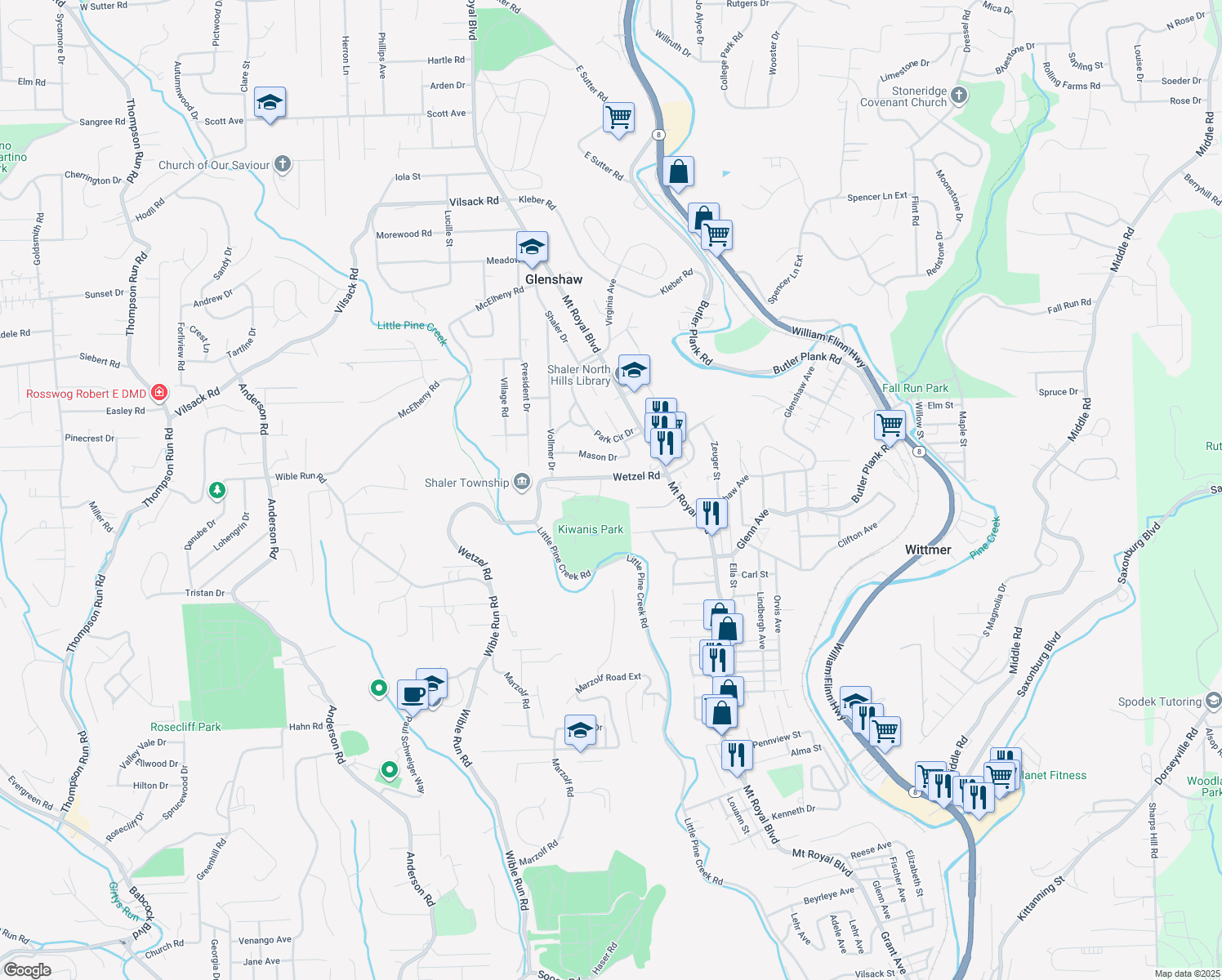 map of restaurants, bars, coffee shops, grocery stores, and more near 115 Wetzel Road in Glenshaw