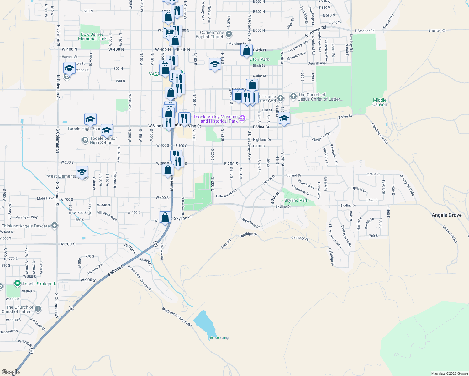 map of restaurants, bars, coffee shops, grocery stores, and more near 325 South 2nd Street in Tooele
