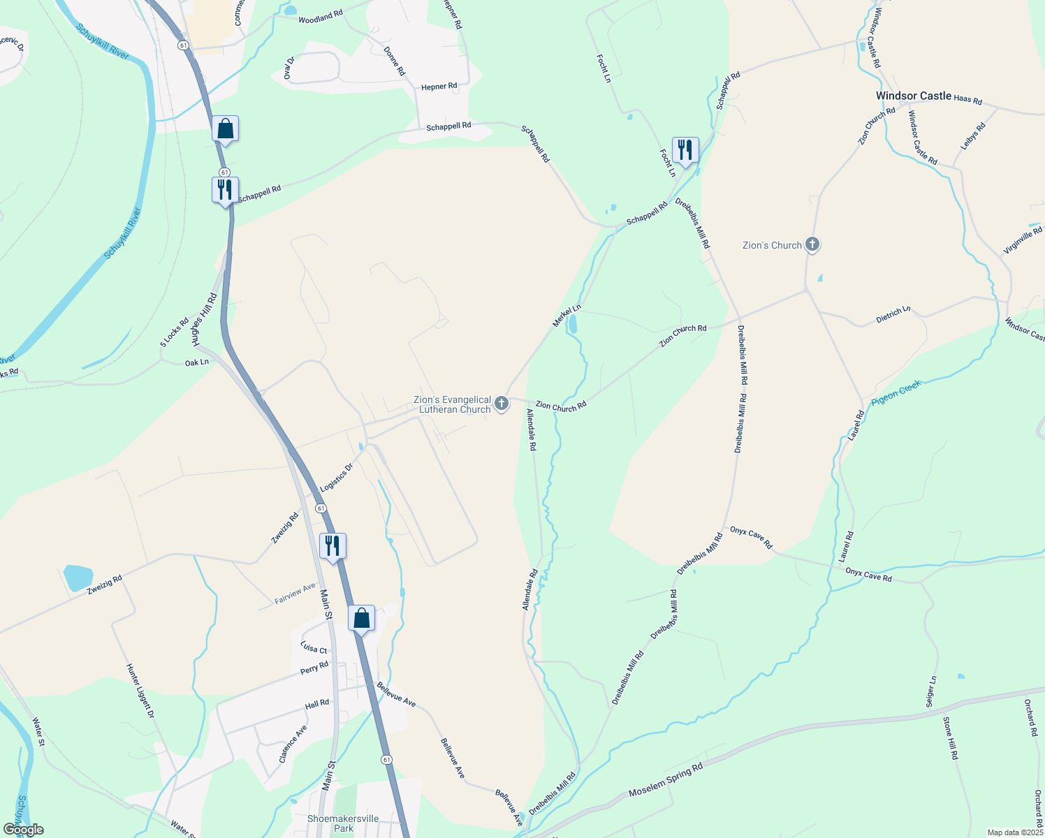map of restaurants, bars, coffee shops, grocery stores, and more near 30 Allendale Road in Shoemakersville