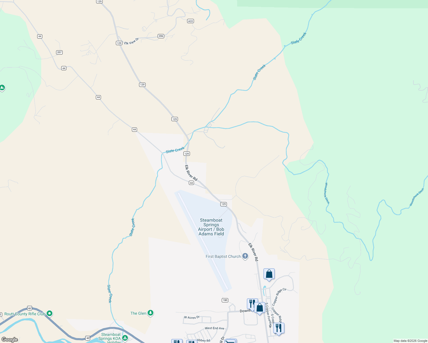 map of restaurants, bars, coffee shops, grocery stores, and more near 41500 County Road 129 in Steamboat Springs