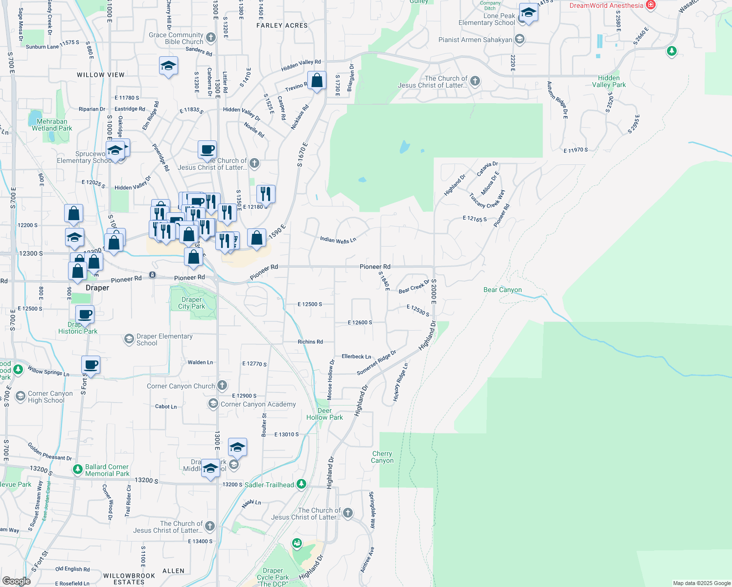map of restaurants, bars, coffee shops, grocery stores, and more near 1807 Deer Canyon Ln in Draper