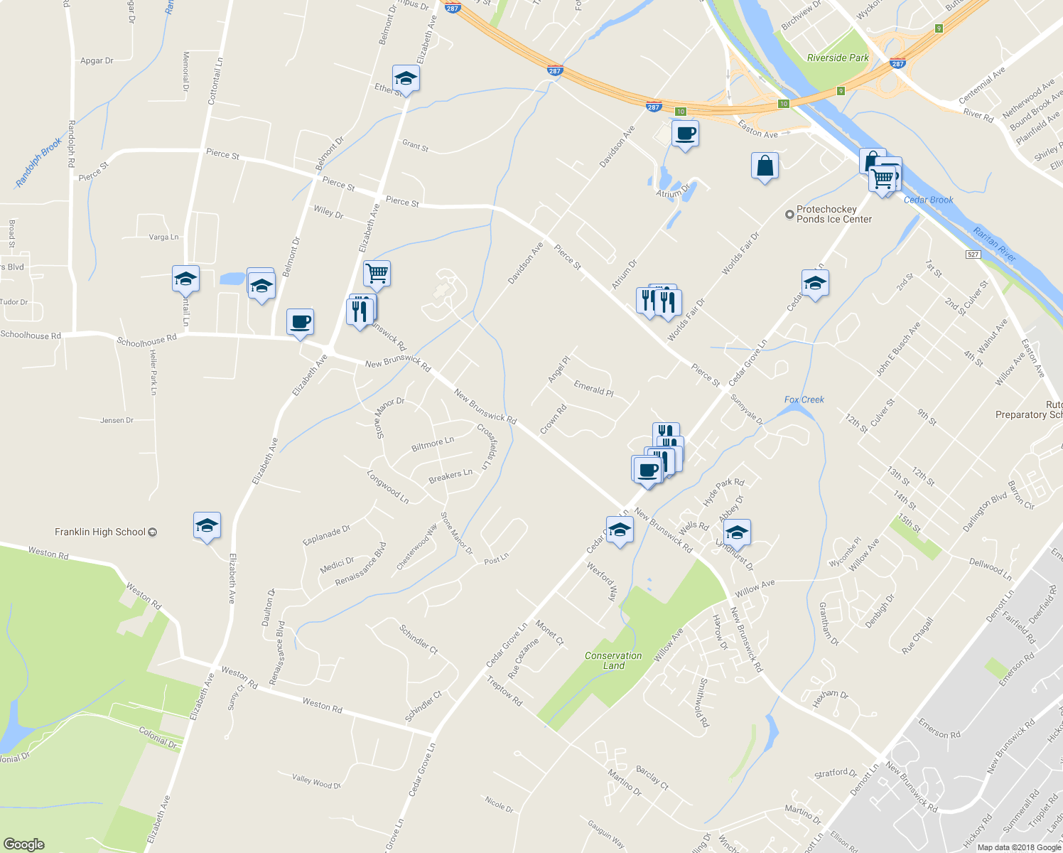 map of restaurants, bars, coffee shops, grocery stores, and more near 734 New Brunswick Road in Franklin Township